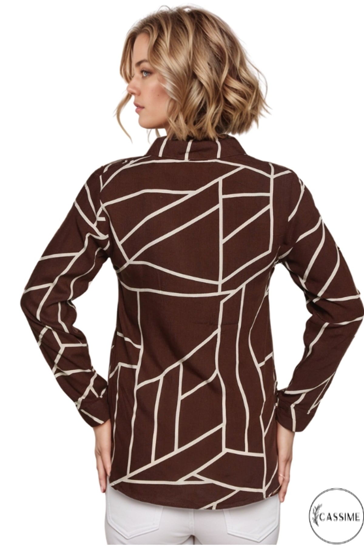 Amelia Women's Viscose Long Sleeve Button-Up Shirt - Brown Striped