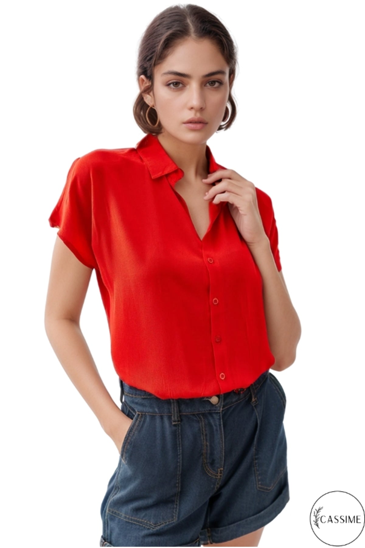 Esme Women's Short Sleeve Batwing Shirt - Solid Red