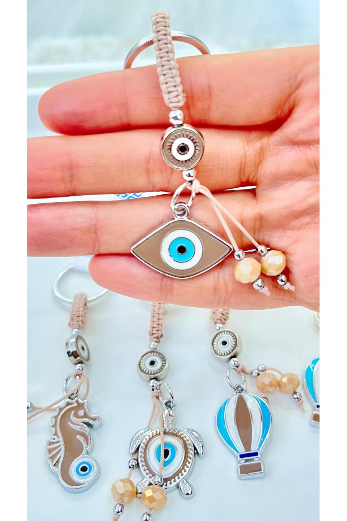 Abigail Silver-Plated Evil Eye Keychain - Beige Oval Evil Eye Pattern