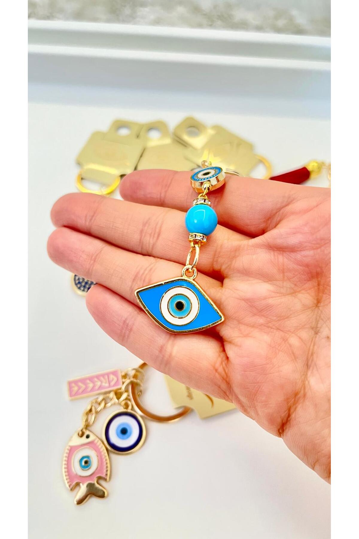 Hannah Gold-Plated Bodrum Bead Keychain - Blue Oval Evil Eye