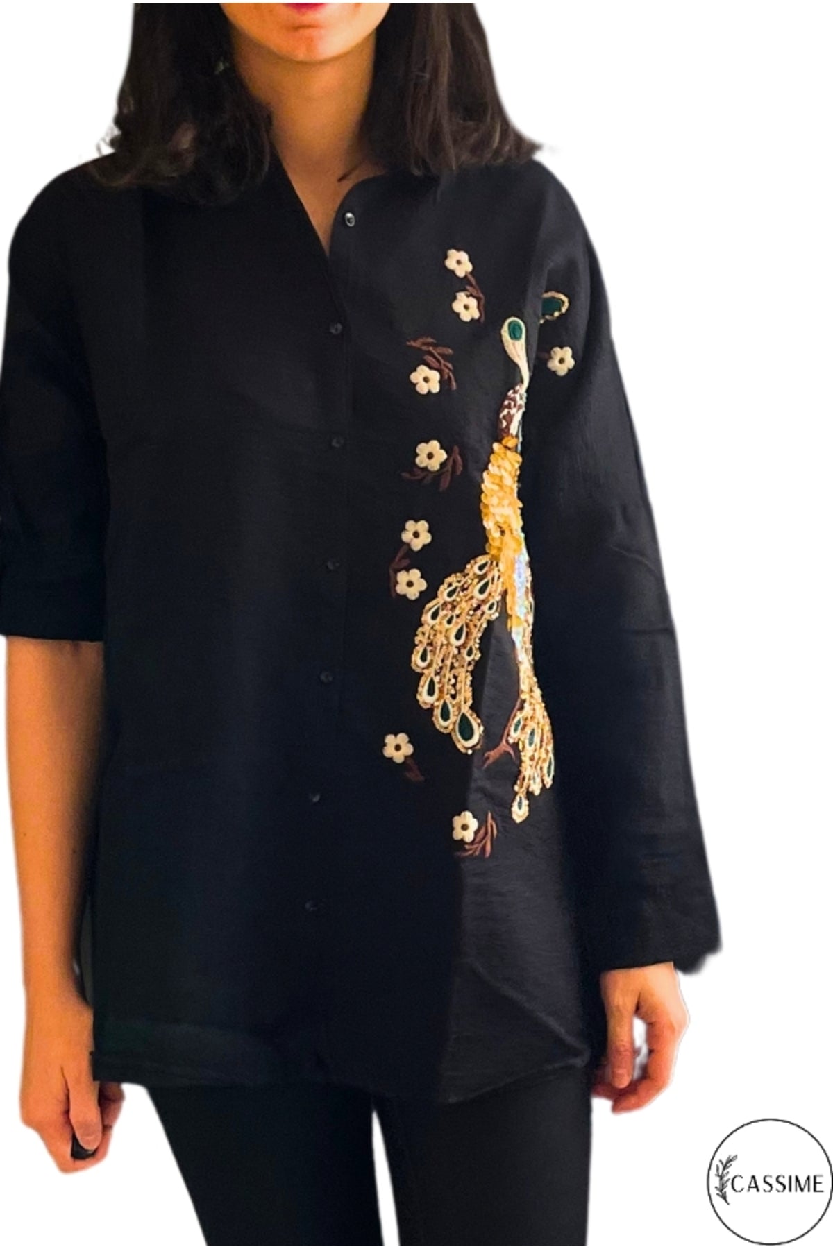 Emily Women's Peacock Sequin Oversized Shirt - Black Peacock