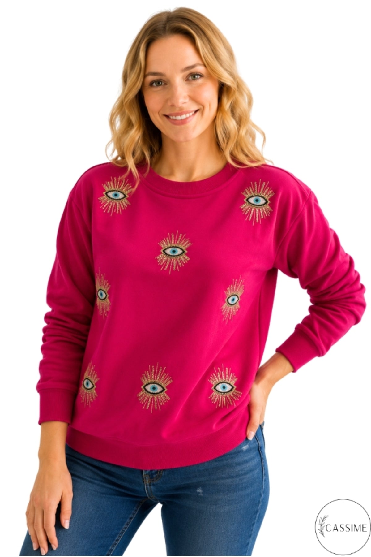 Ava Women's Embellished Evil Eye Sweatshirt - Fuchsia Evil Eye