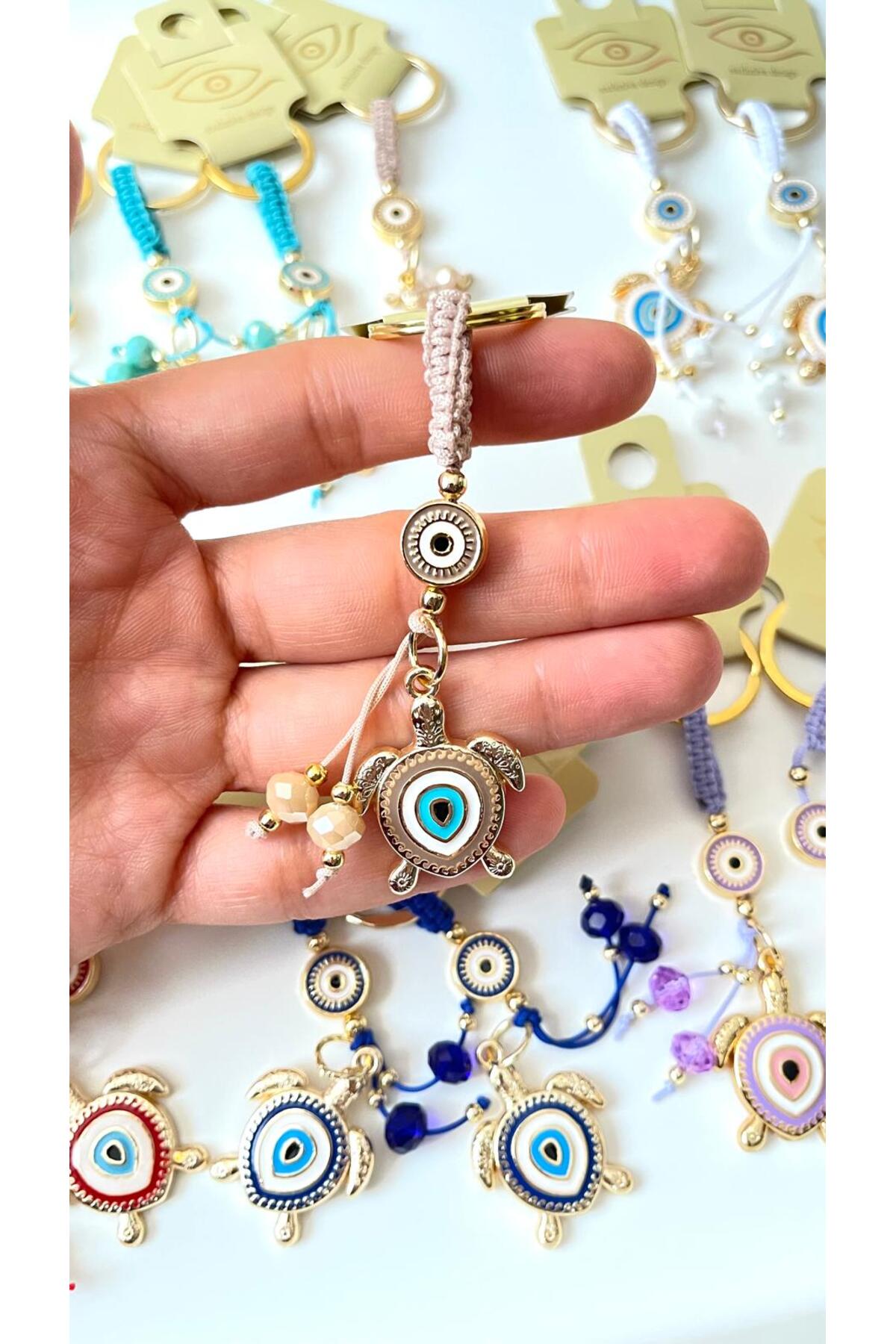 Ivy Gold-Plated Evil Eye Keychain - Beige Turtle Design