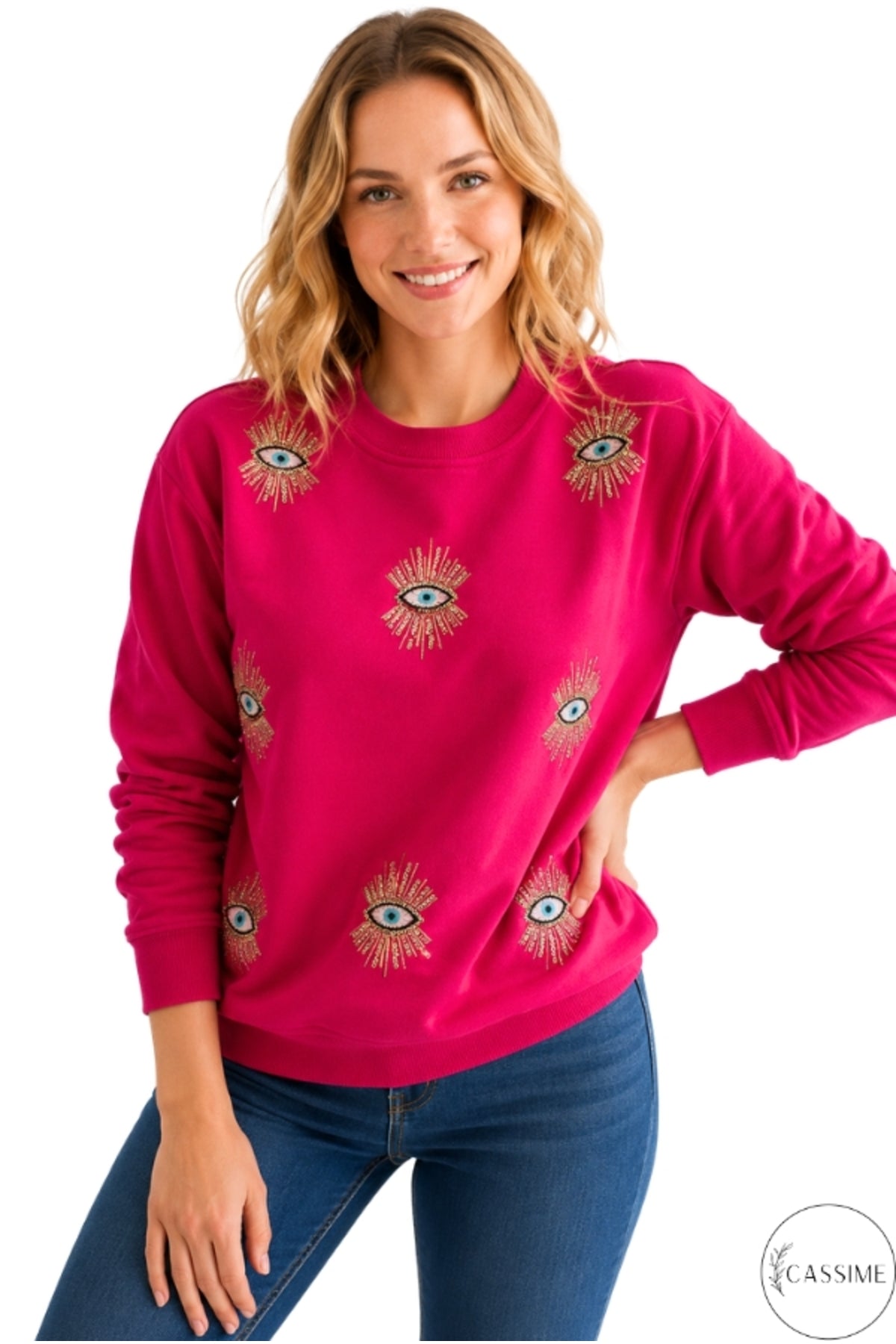 Ava Women's Embellished Evil Eye Sweatshirt - Fuchsia Evil Eye