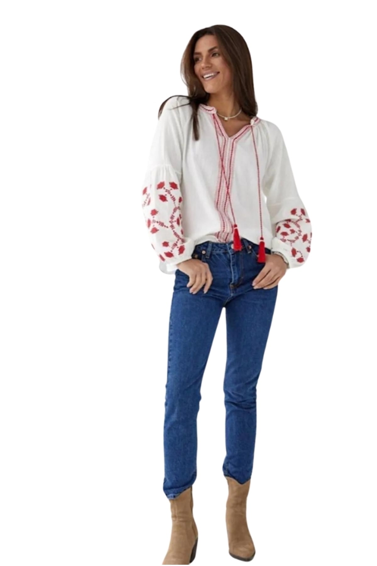 Tabitha Women's Cotton Blend Boho Embroidered Tassel Blouse - Off-White with Red Embroidery