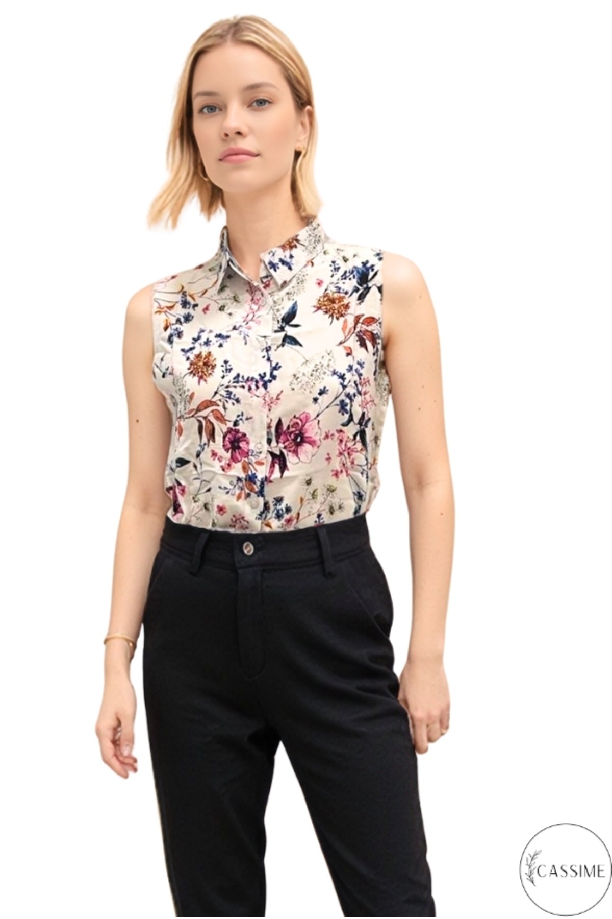 Daisy Women's Sleeveless Button-Up Shirt - Ecru and Purple Floral
