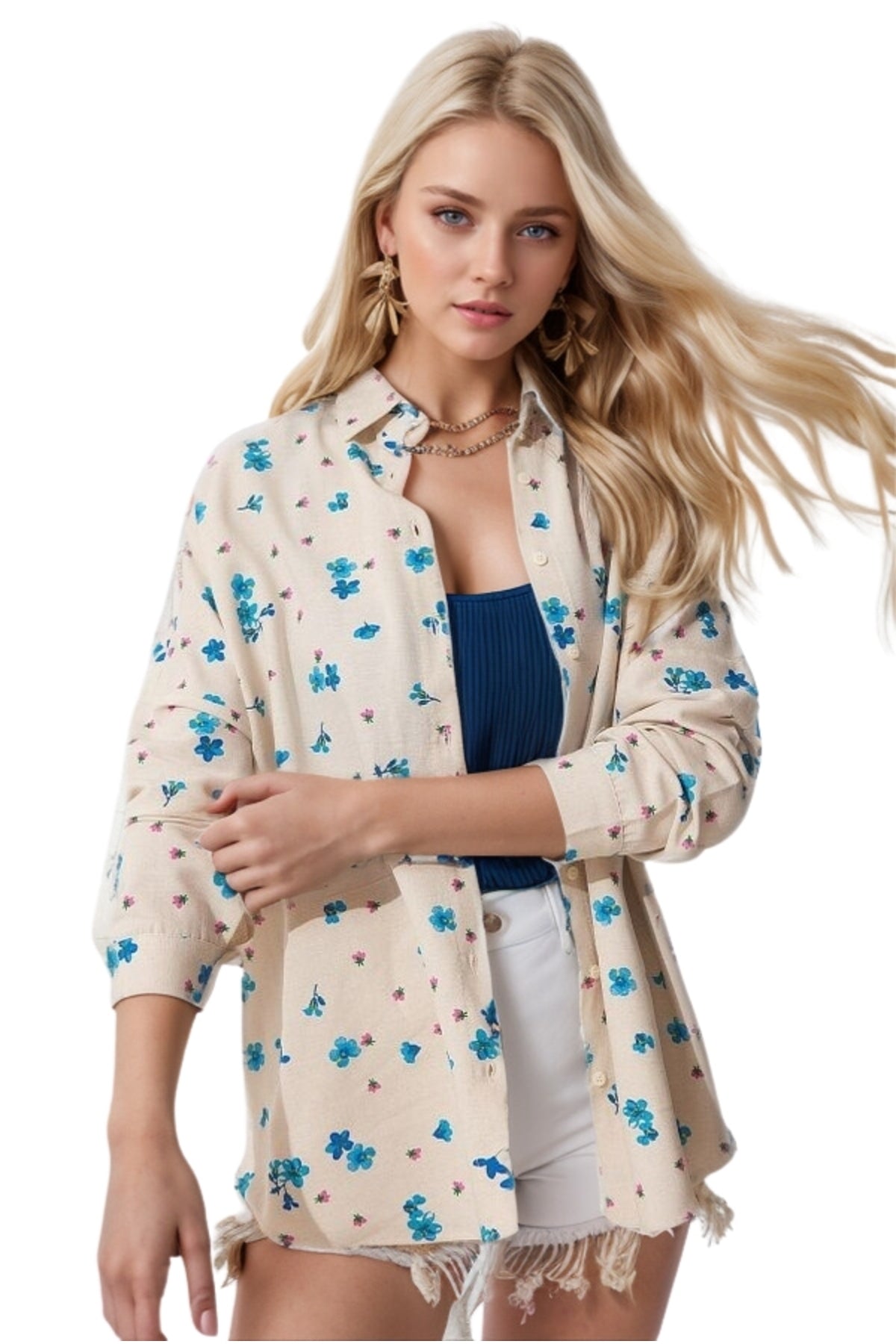Emilia Women's Linen-Viscose Blend Oversized Printed Shirt - Beige and Blue Floral