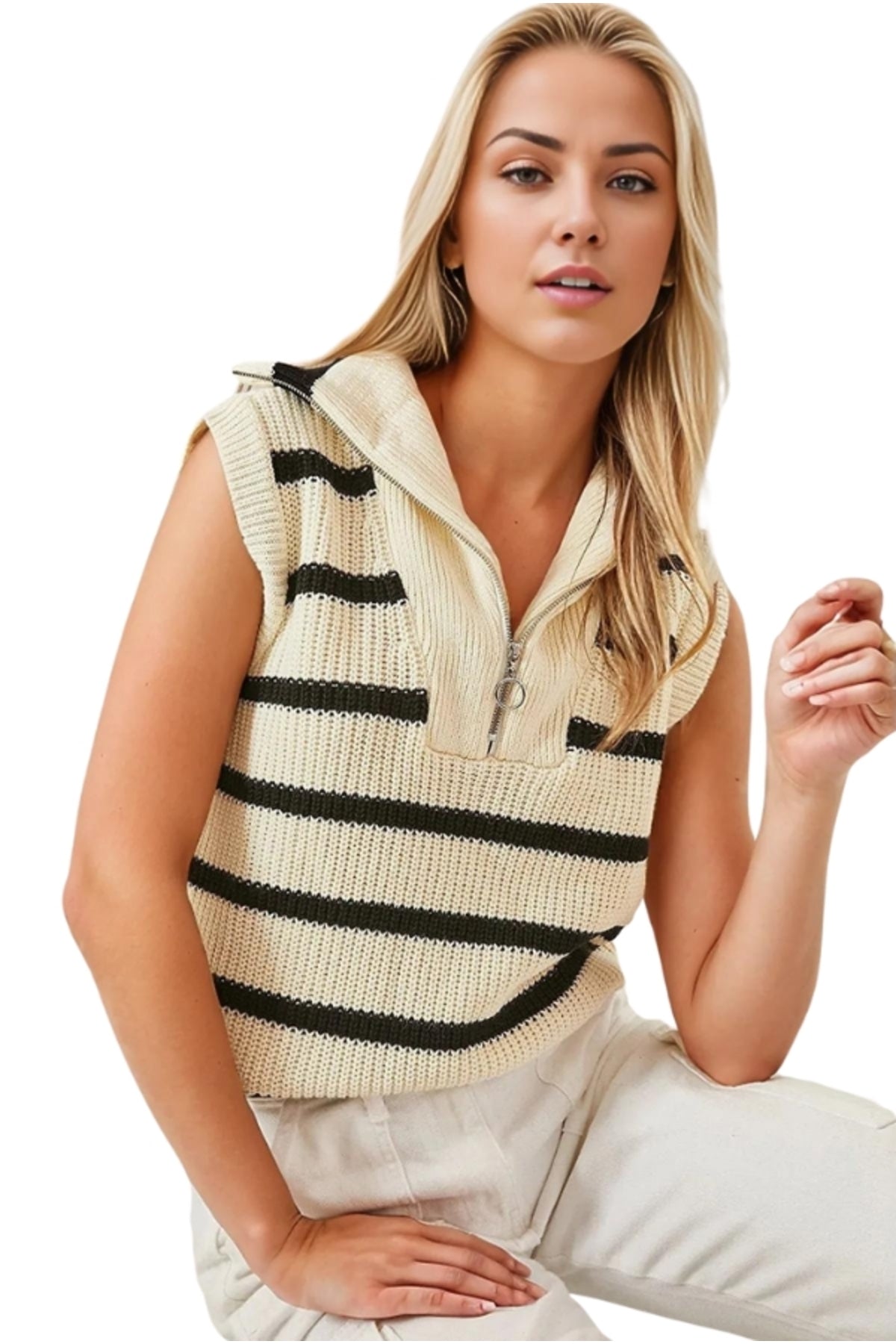 Beatrice Women's Striped Zip-Neck Sweater Vest - Ecru