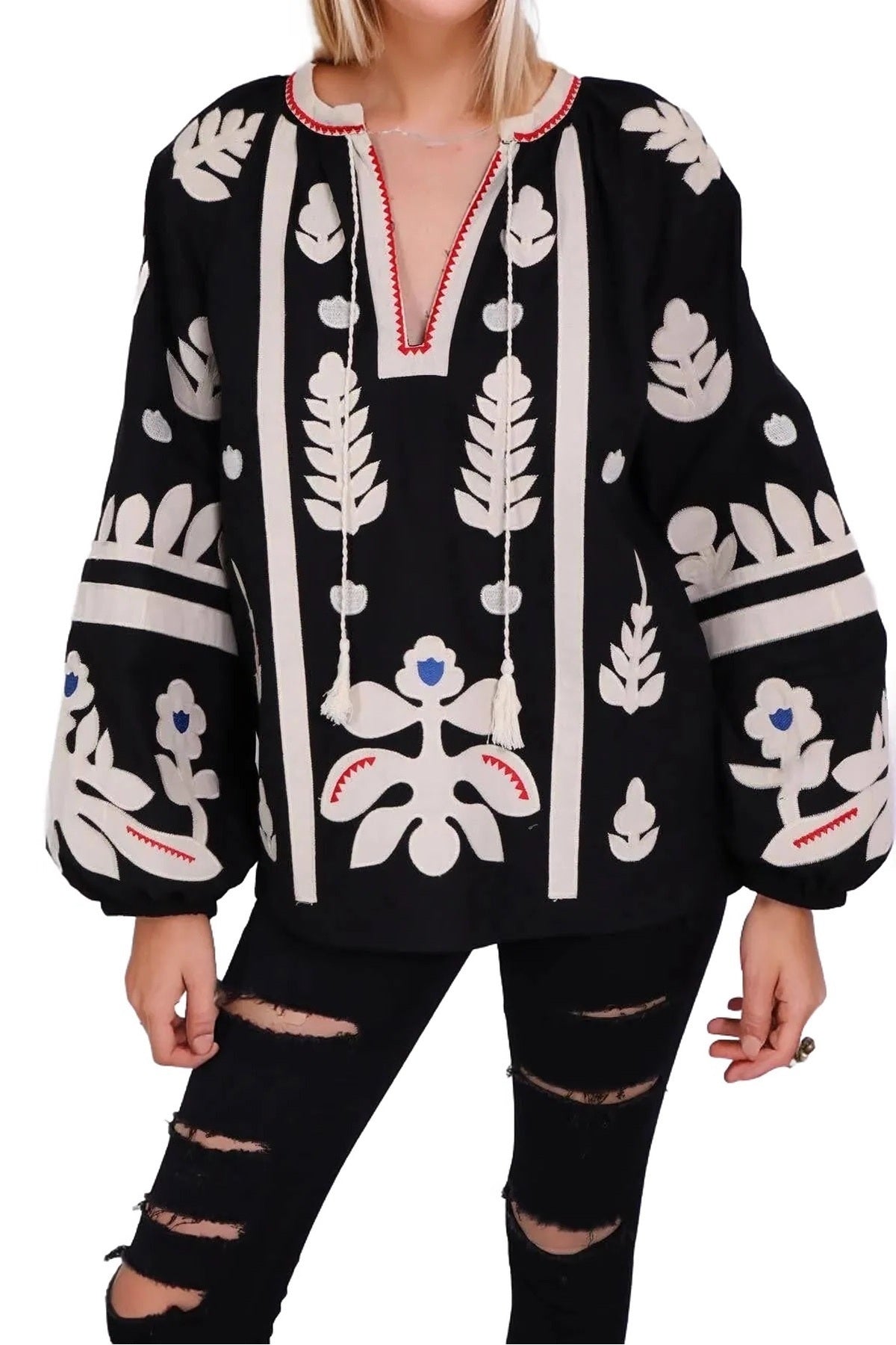 Paige Women's Cotton Embroidered Long Sleeve Woven Blouse - White with Black Embroidery