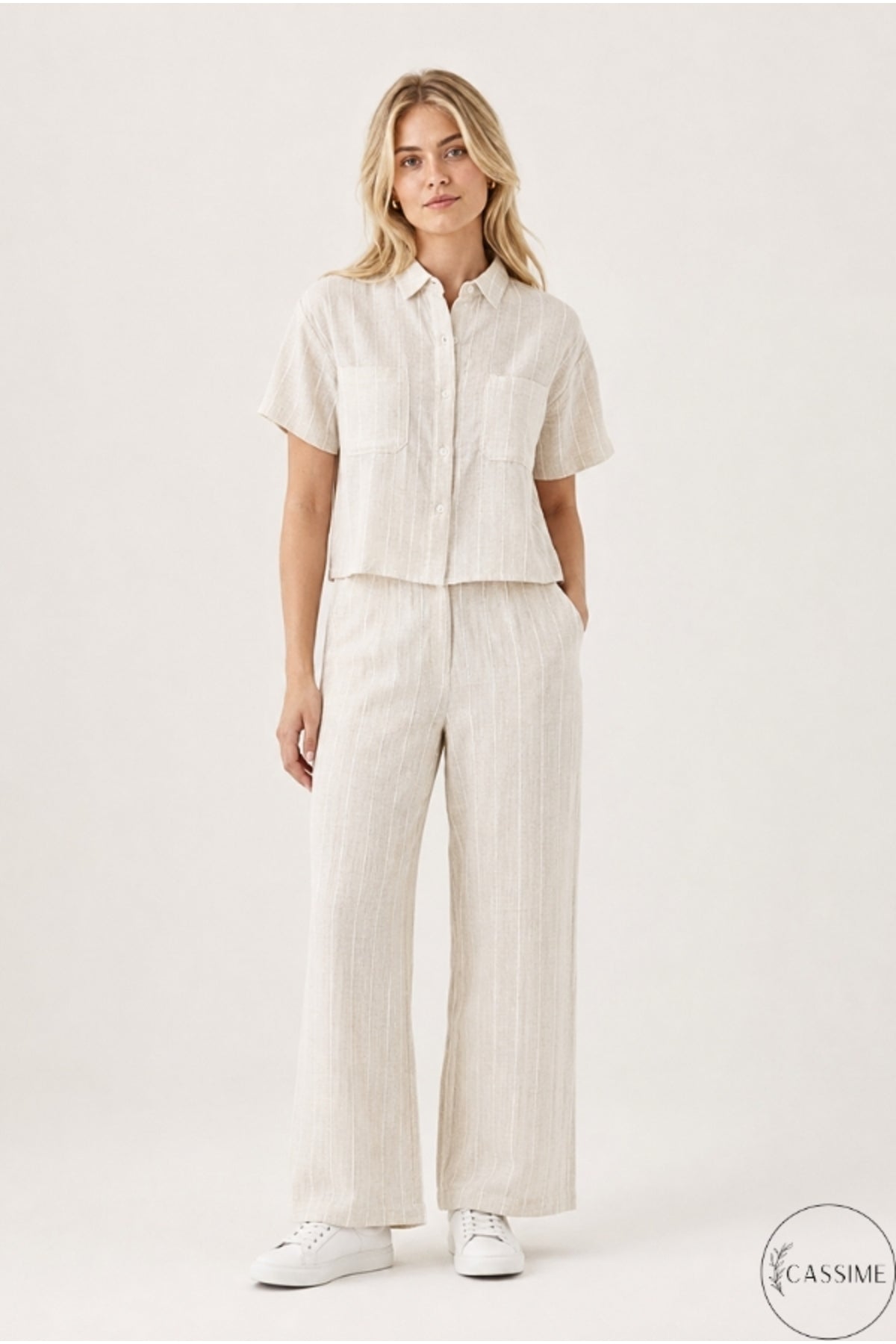 Daphne Women's Striped Shirt and Pants Set - Cream