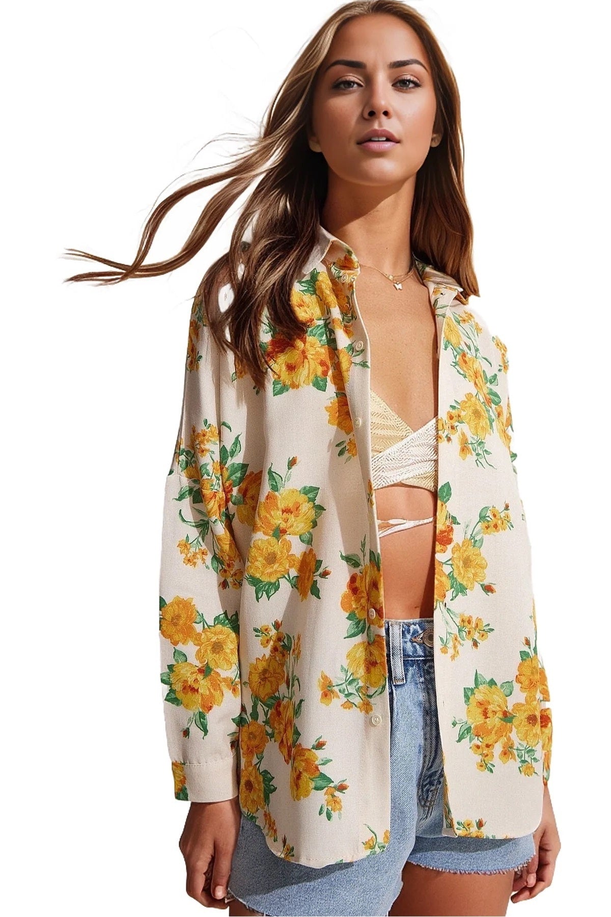 Emilia Women's Linen-Viscose Blend Oversized Printed Shirt - Bright Yellow Floral