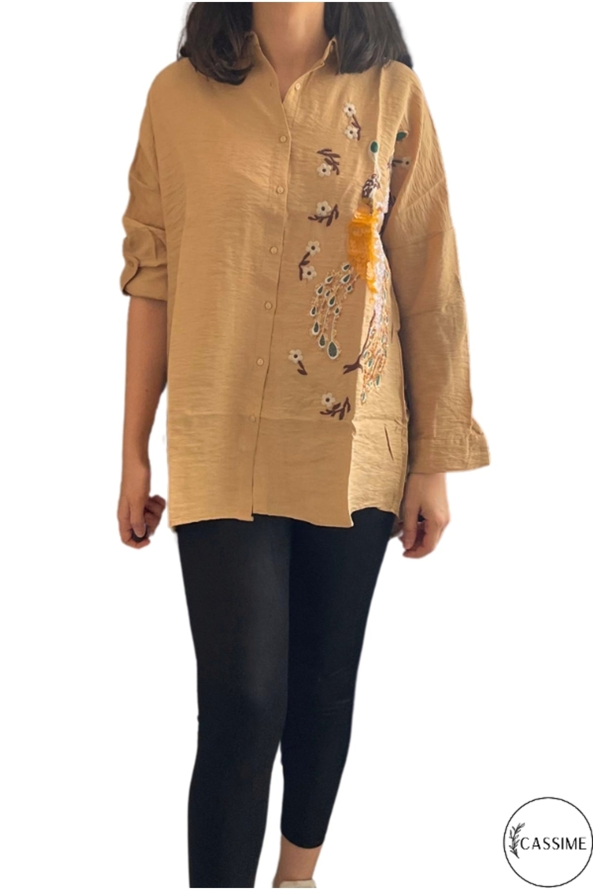 Emily Women's Peacock Sequin Oversized Shirt - Beige Peacock