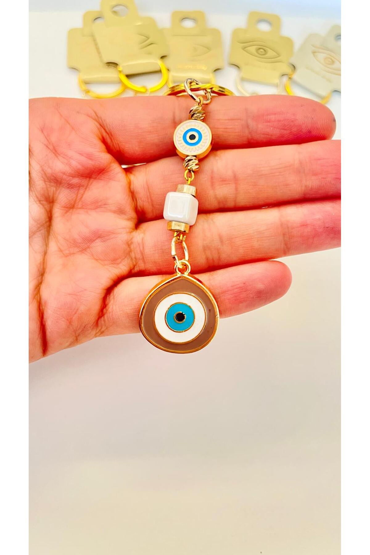 Hannah Gold-Plated Bodrum Bead Keychain - Beige Teardrop