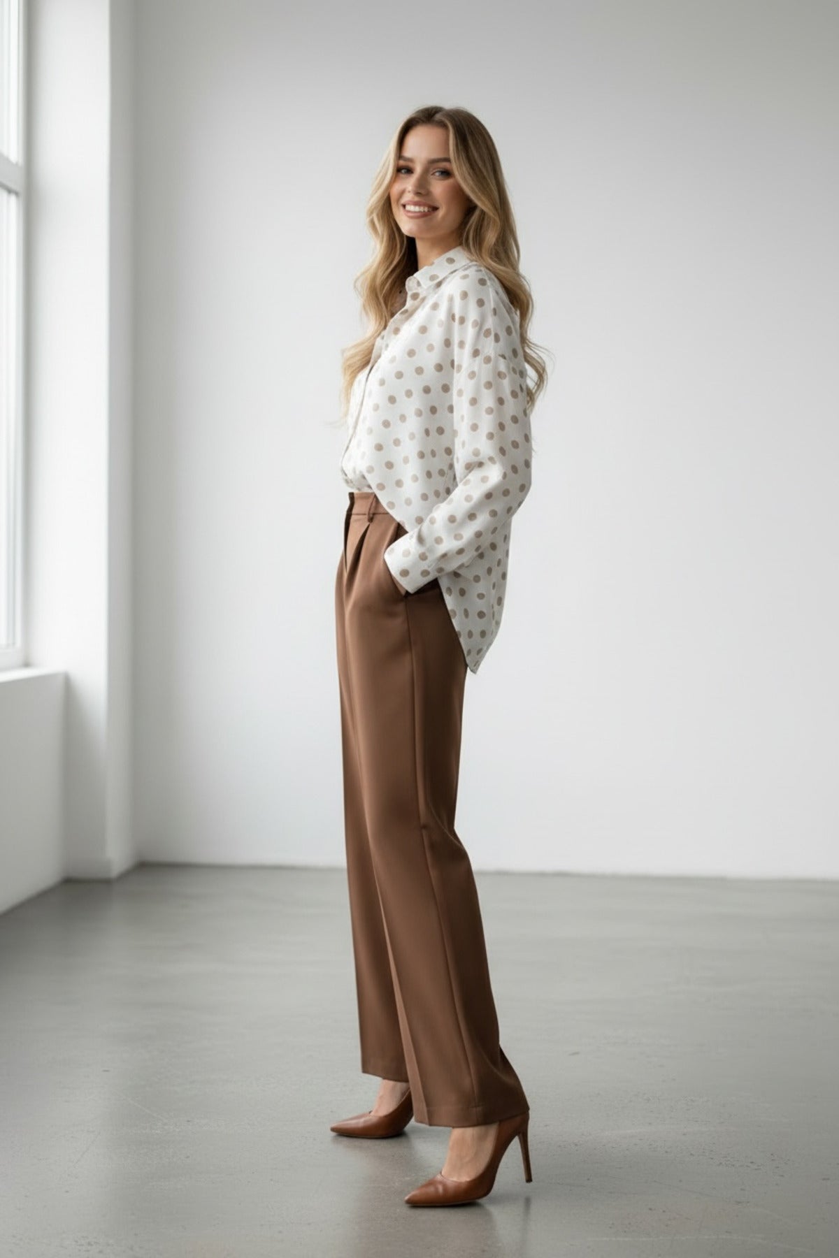 Amelia Women's Viscose Long Sleeve Button-Up Shirt - Cream with Light Brown Polka Dots