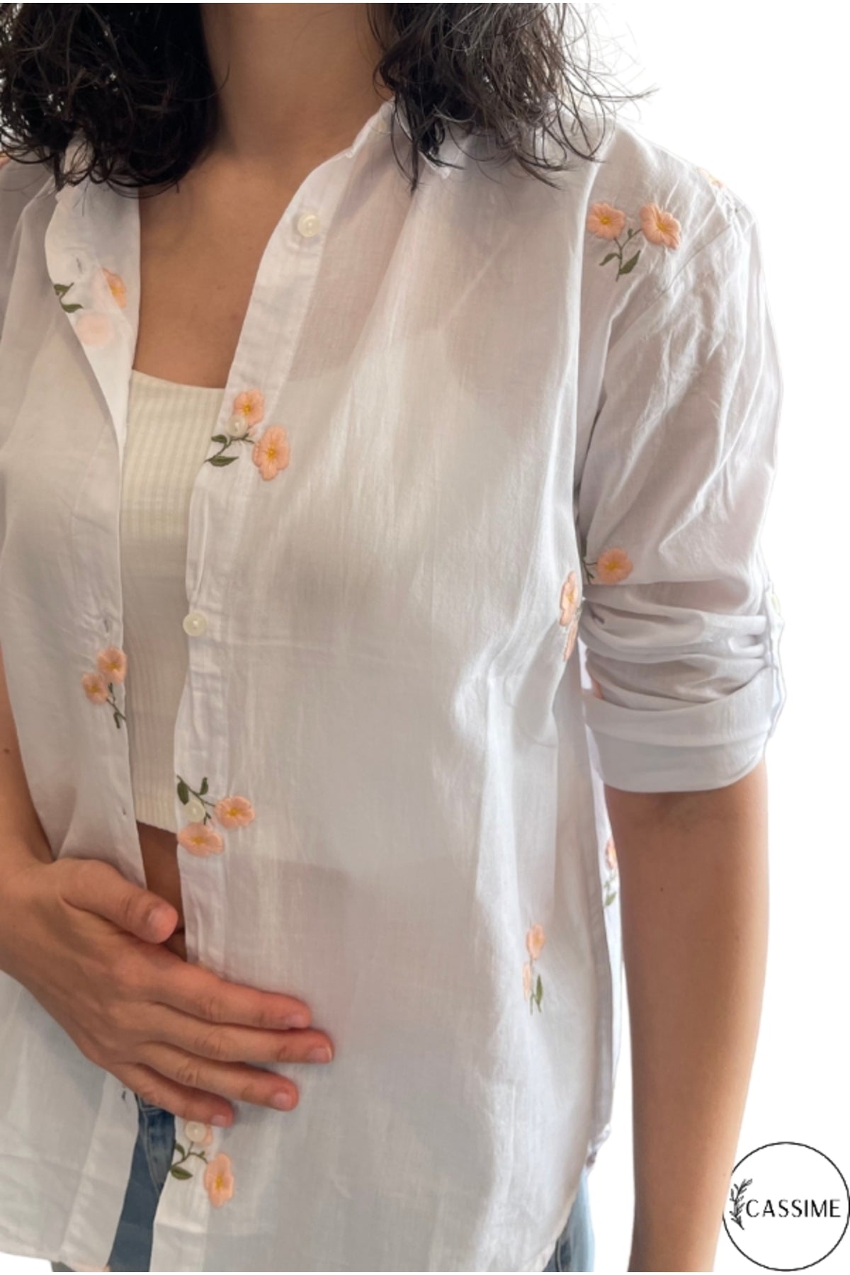 Ella Women's Cotton Embroidered Button-Up Shirt - White with Peach Flowers