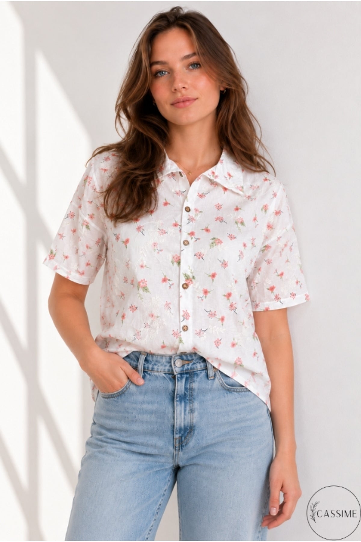 Alice Women's Cotton Floral Short Sleeve Shirt - Ecru with Pink Ditsy Floral Embroidery