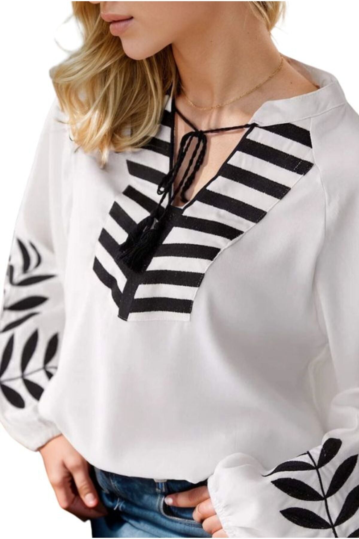 Nicole Women's Cotton Embroidered Long Sleeve Blouse - White with Black Embroidery