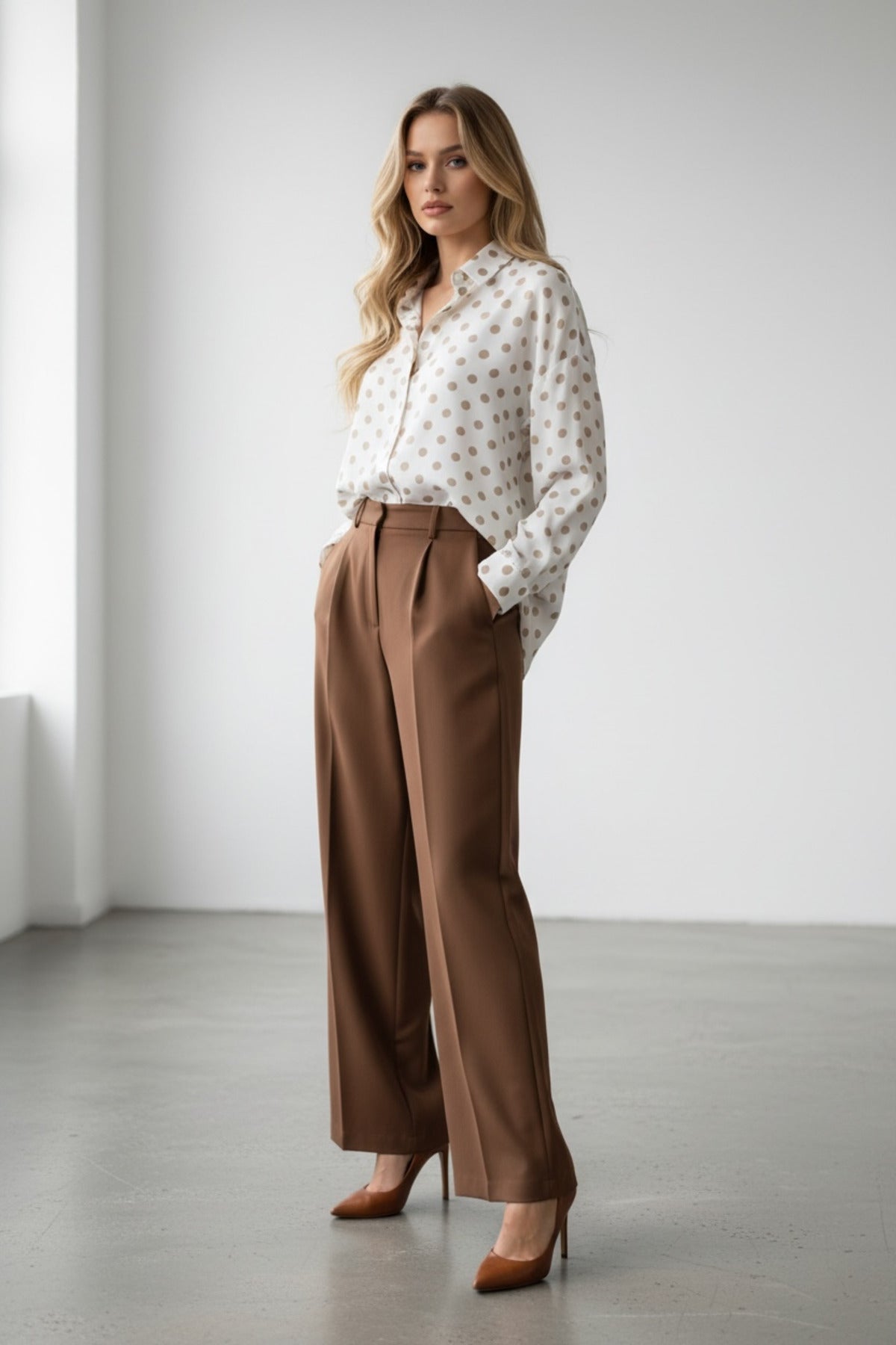 Amelia Women's Viscose Long Sleeve Button-Up Shirt - Cream with Light Brown Polka Dots