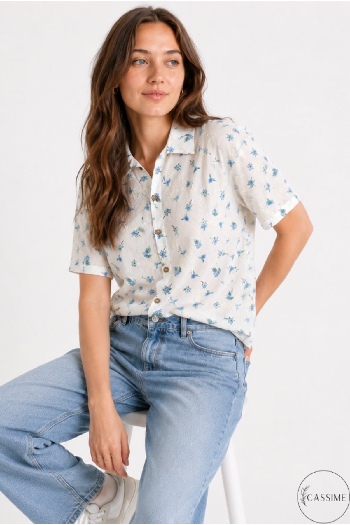 Alice Women's Cotton Floral Short Sleeve Shirt - Ecru with Blue Ditsy Flowers