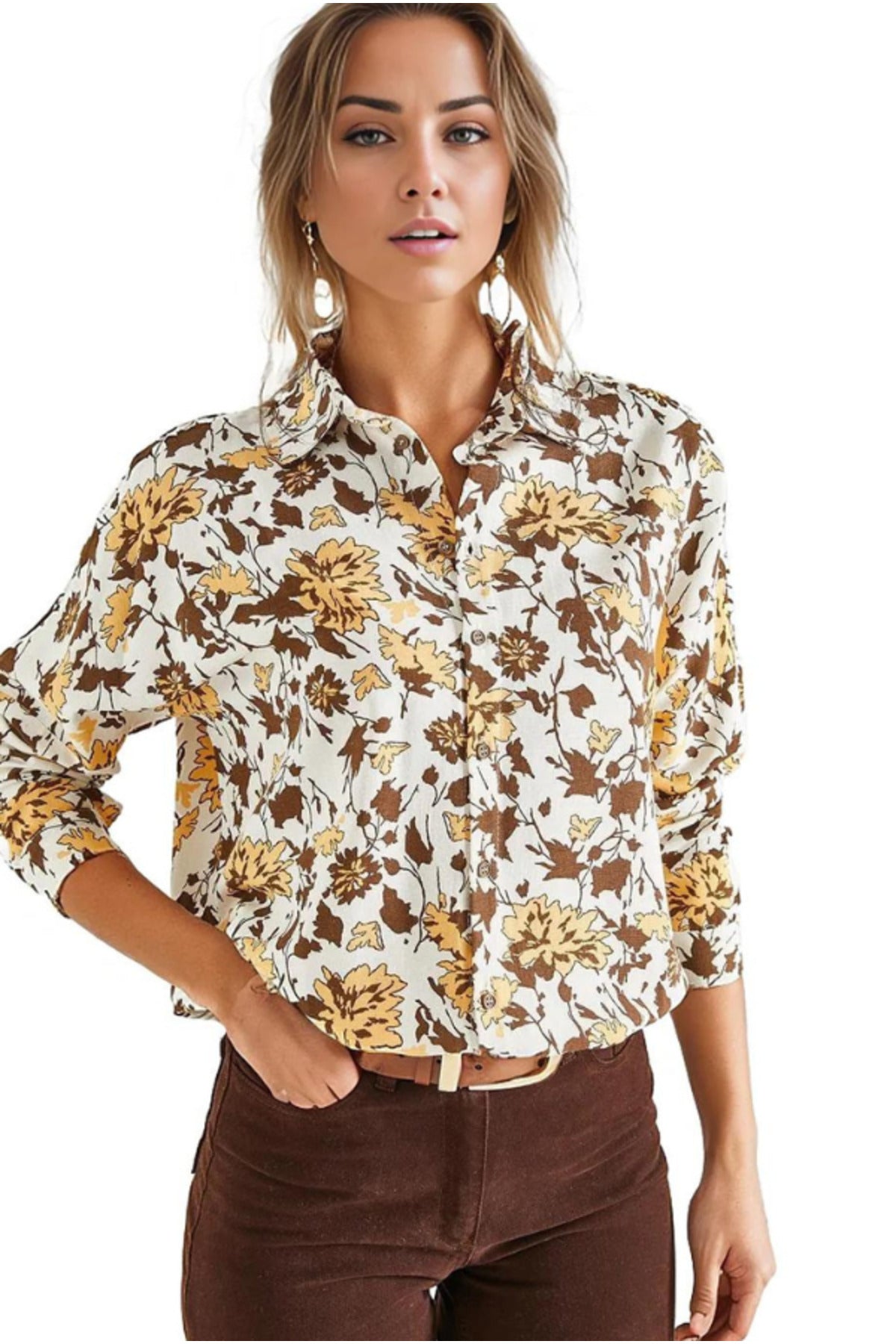 Emilia Women's Linen Blend Oversized Printed Shirt - Brown Floral