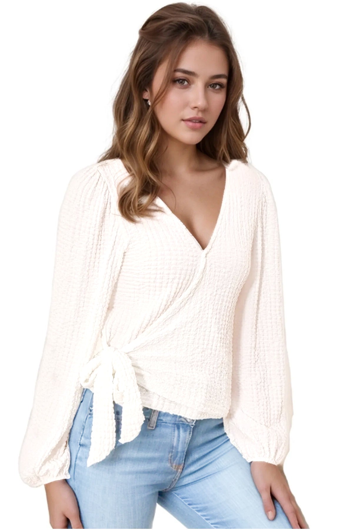 Faith Women's Belted Wrap Neck Knit Blouse - White