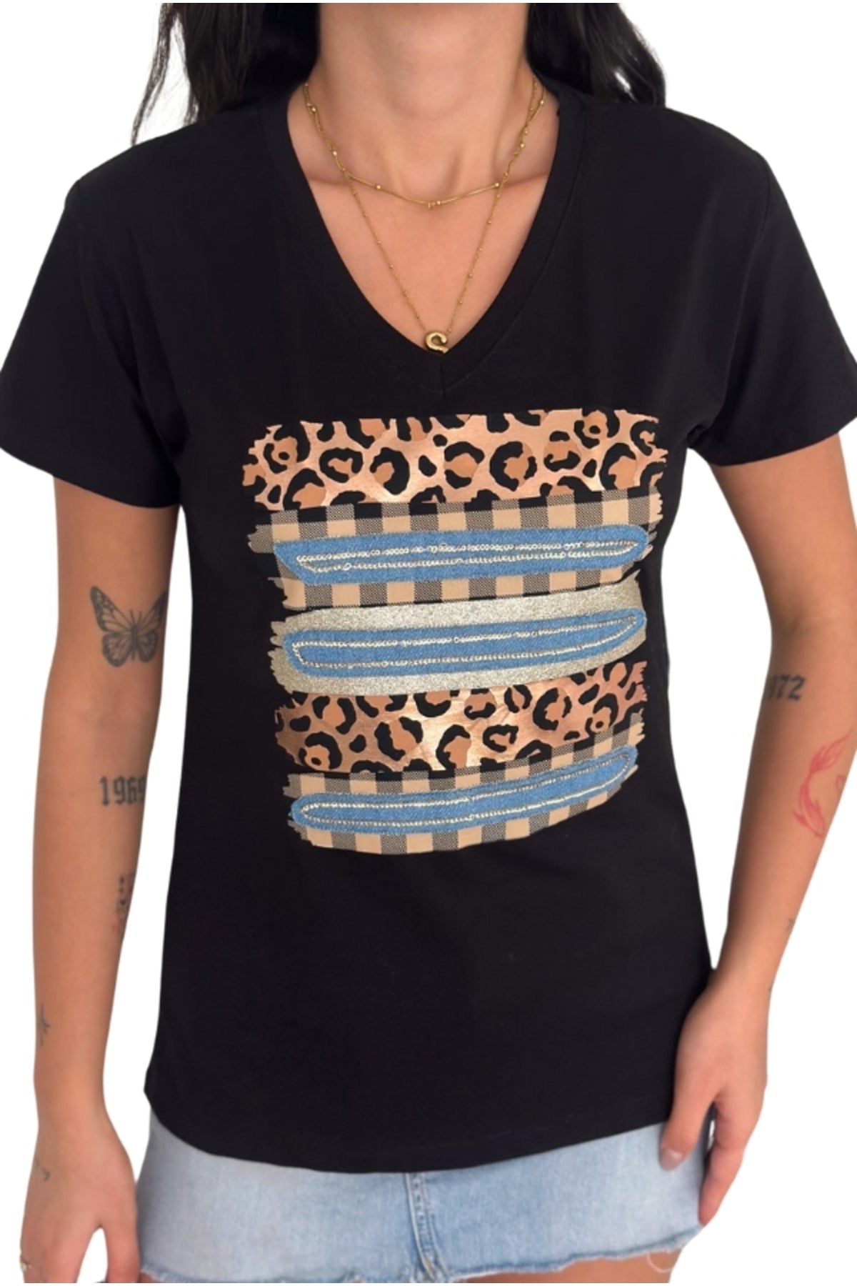 Olivia Women's Cotton Plus Size Embellished V-Neck T-Shirt - Black Leopard Print