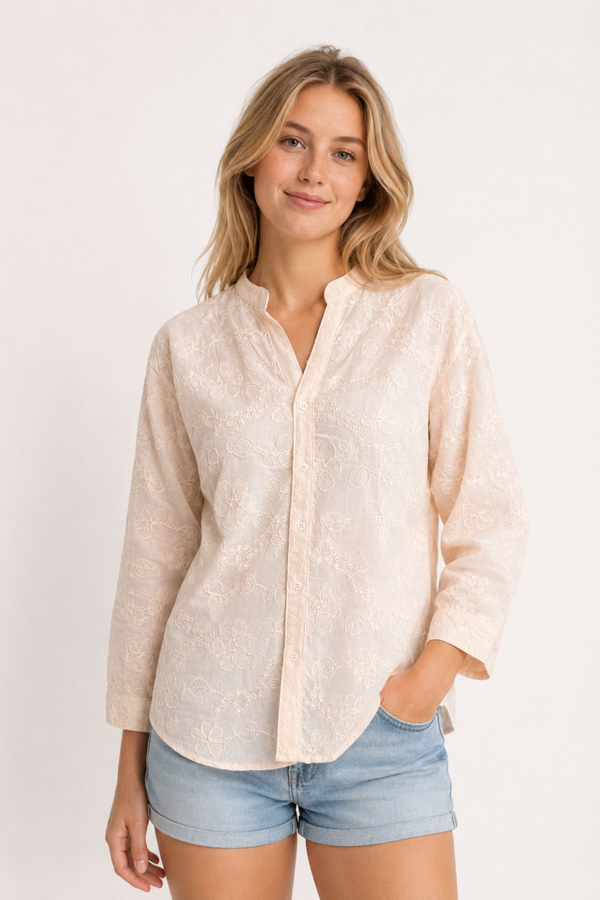 Isla Women's Cotton Embroidered Relaxed Fit Shirt - Light Pink