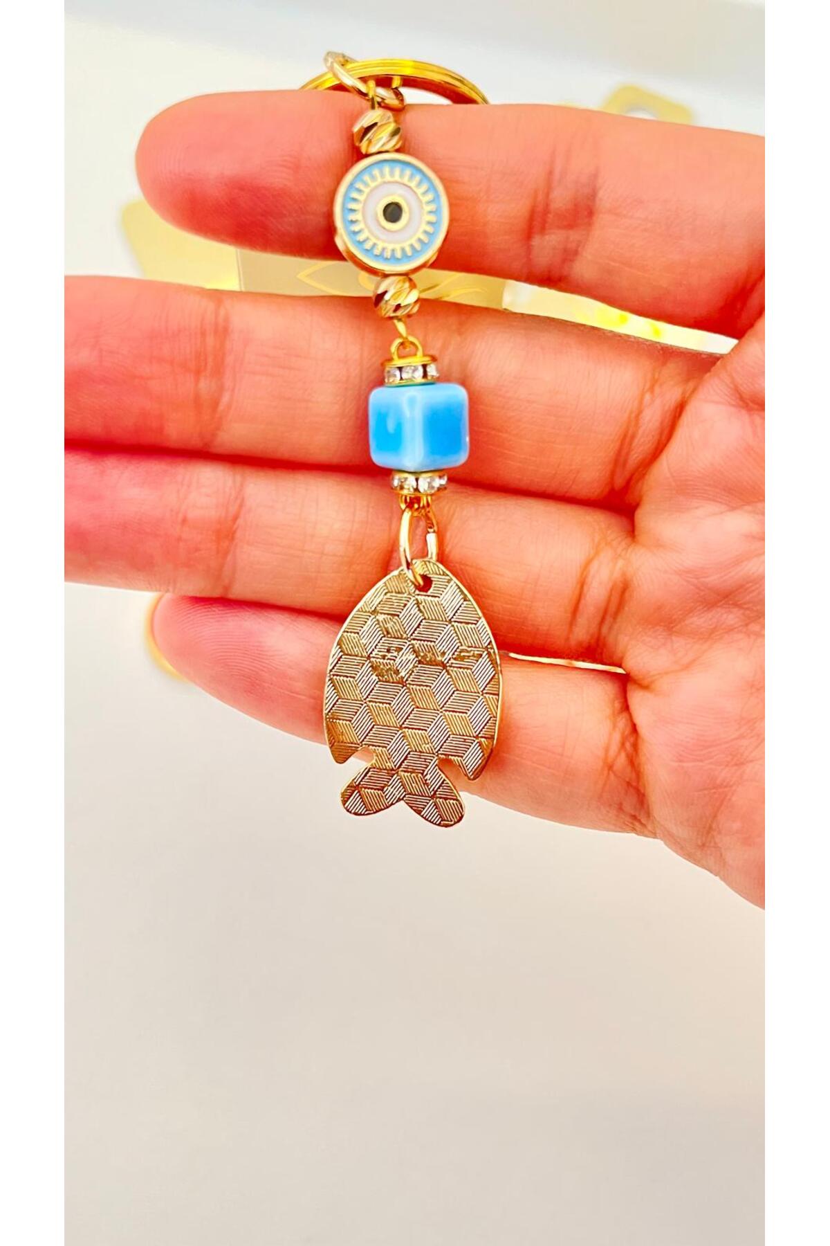 Hannah Gold-Plated Bodrum Bead Keychain - Blue Fish