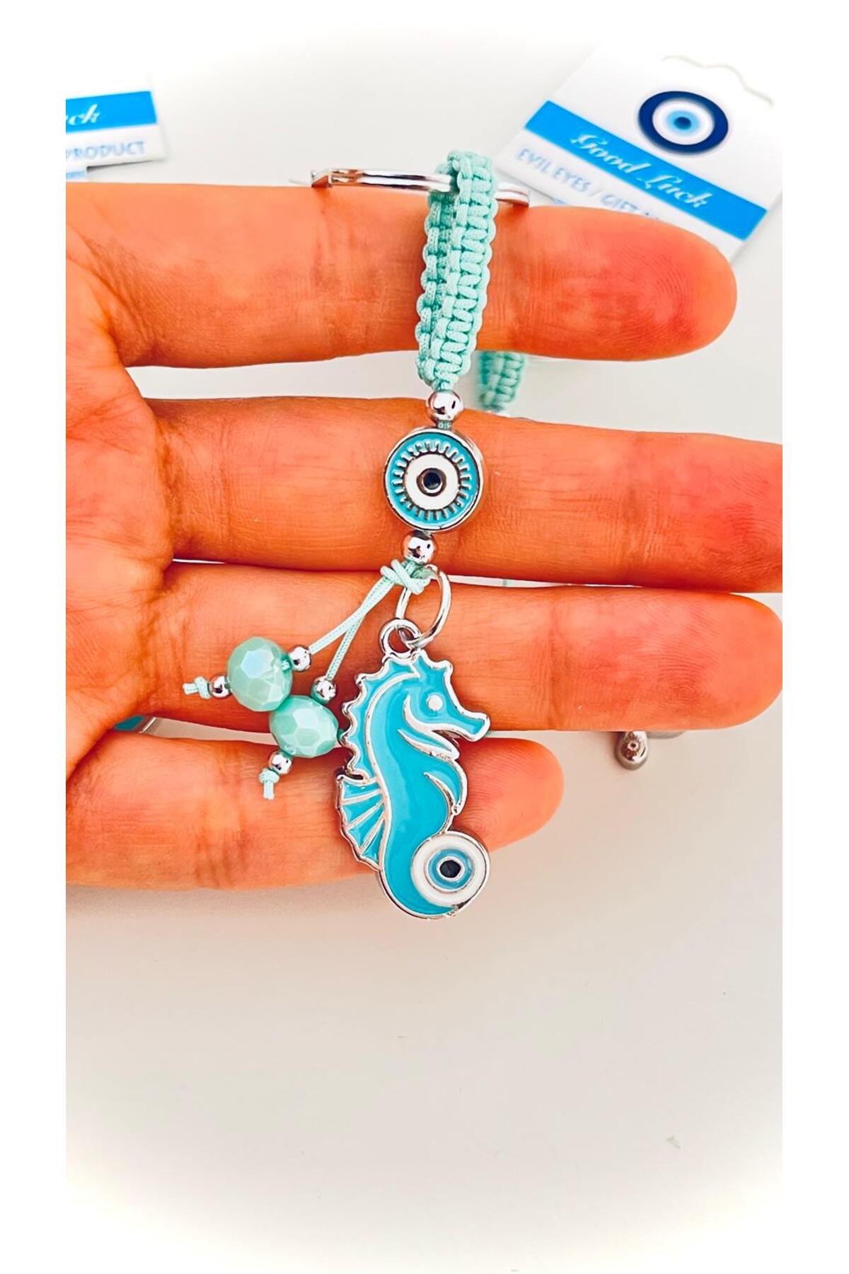 Abigail Silver-Plated Evil Eye Keychain - Turquoise Seahorse