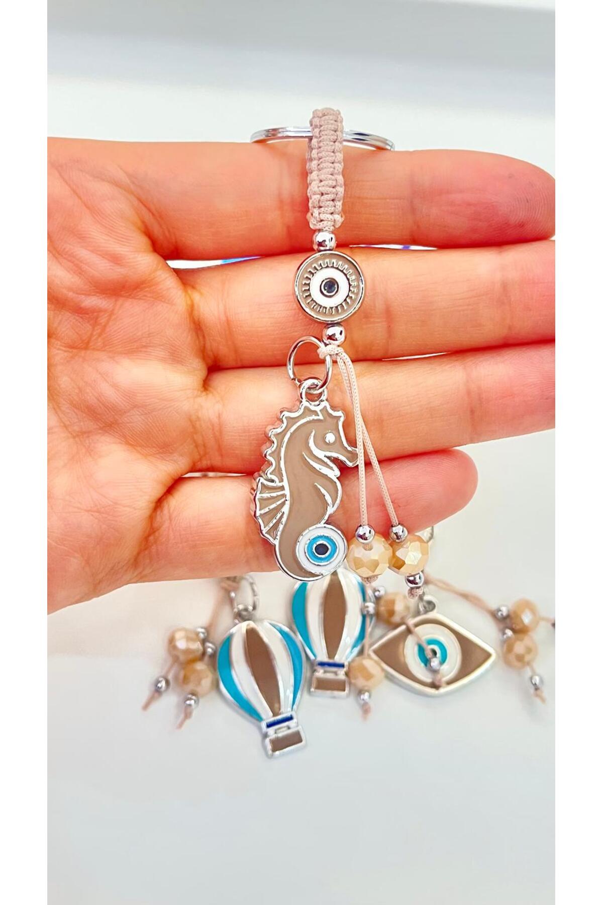 Abigail Silver-Plated Evil Eye Keychain - Beige Seahorse