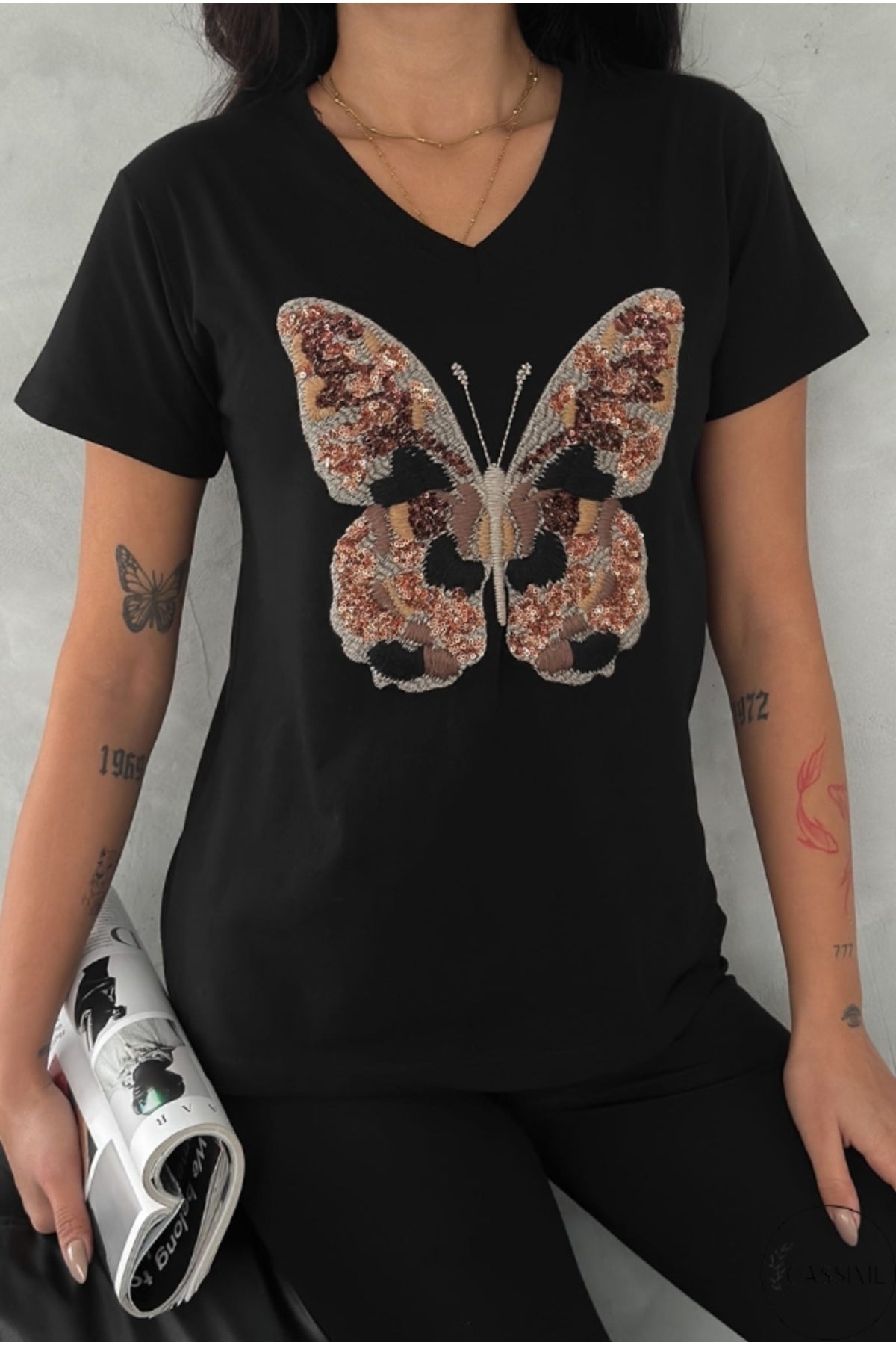 Olivia Women's Cotton Plus Size Embellished V-Neck T-Shirt - Black with Butterfly Embroidery