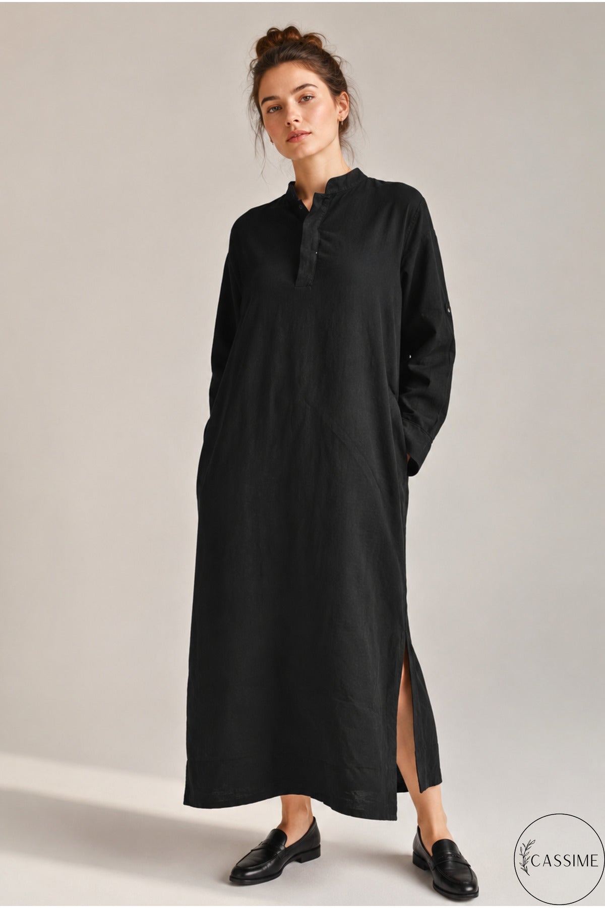 Hazel Women's Oversized Muslin Shirt Dress - Black Mandarin Collar