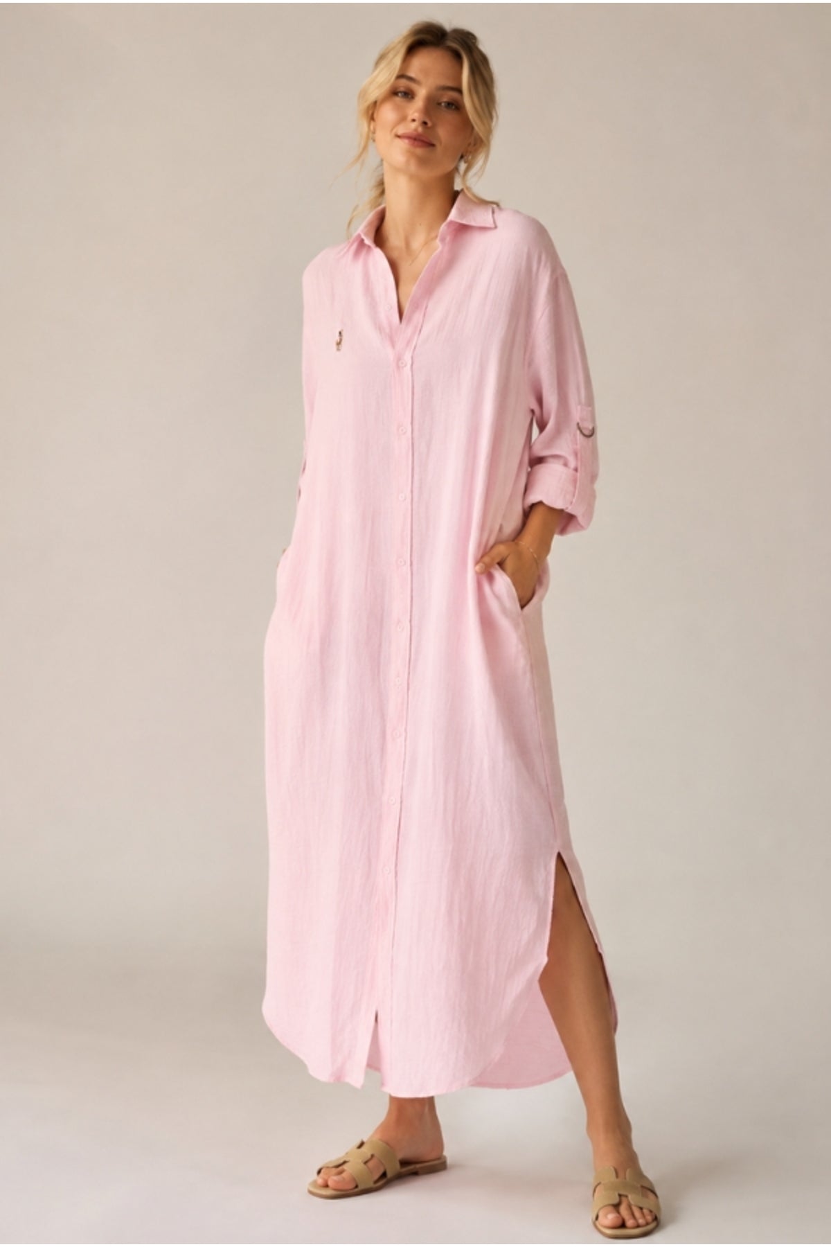 Hazel Women's Oversized Muslin Shirt Dress - Baby Pink Muslin