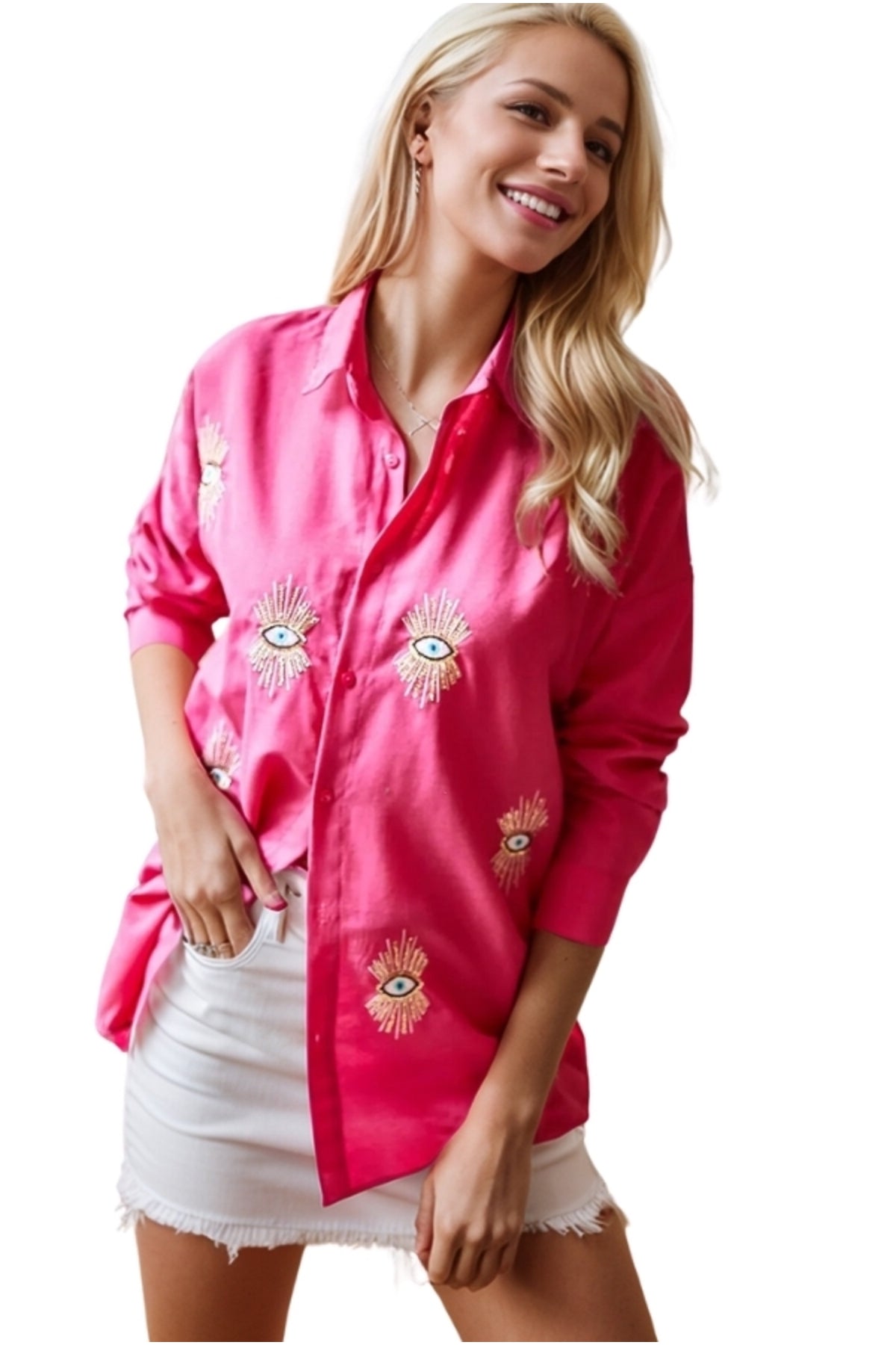 Maisie Women's Evil Eye Sequin Shirt - Fuchsia