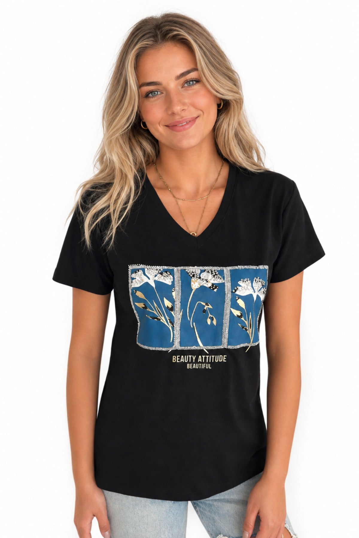 Olivia Women's Cotton Plus Size Embellished V-Neck T-Shirt - Black and Blue Floral