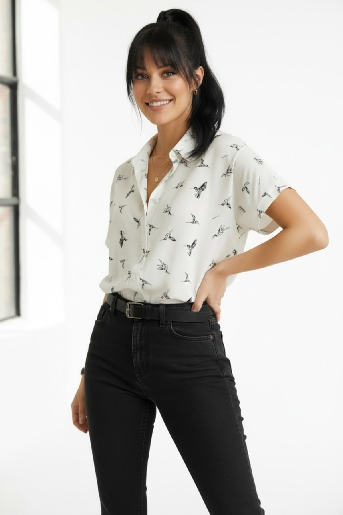 Charlotte Women's Cotton-Linen Blend Short Sleeve Batwing Shirt - White Bird Print