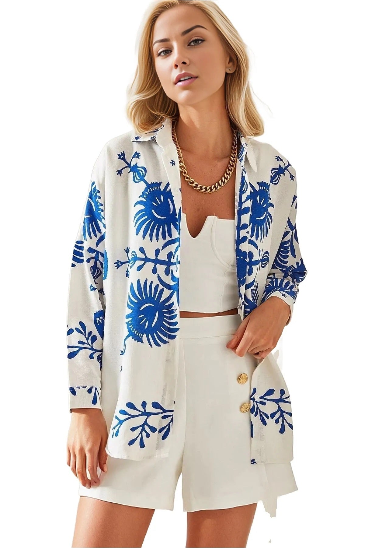 Emilia Women's Linen-Viscose Blend Oversized Printed Shirt - Blue Tulip