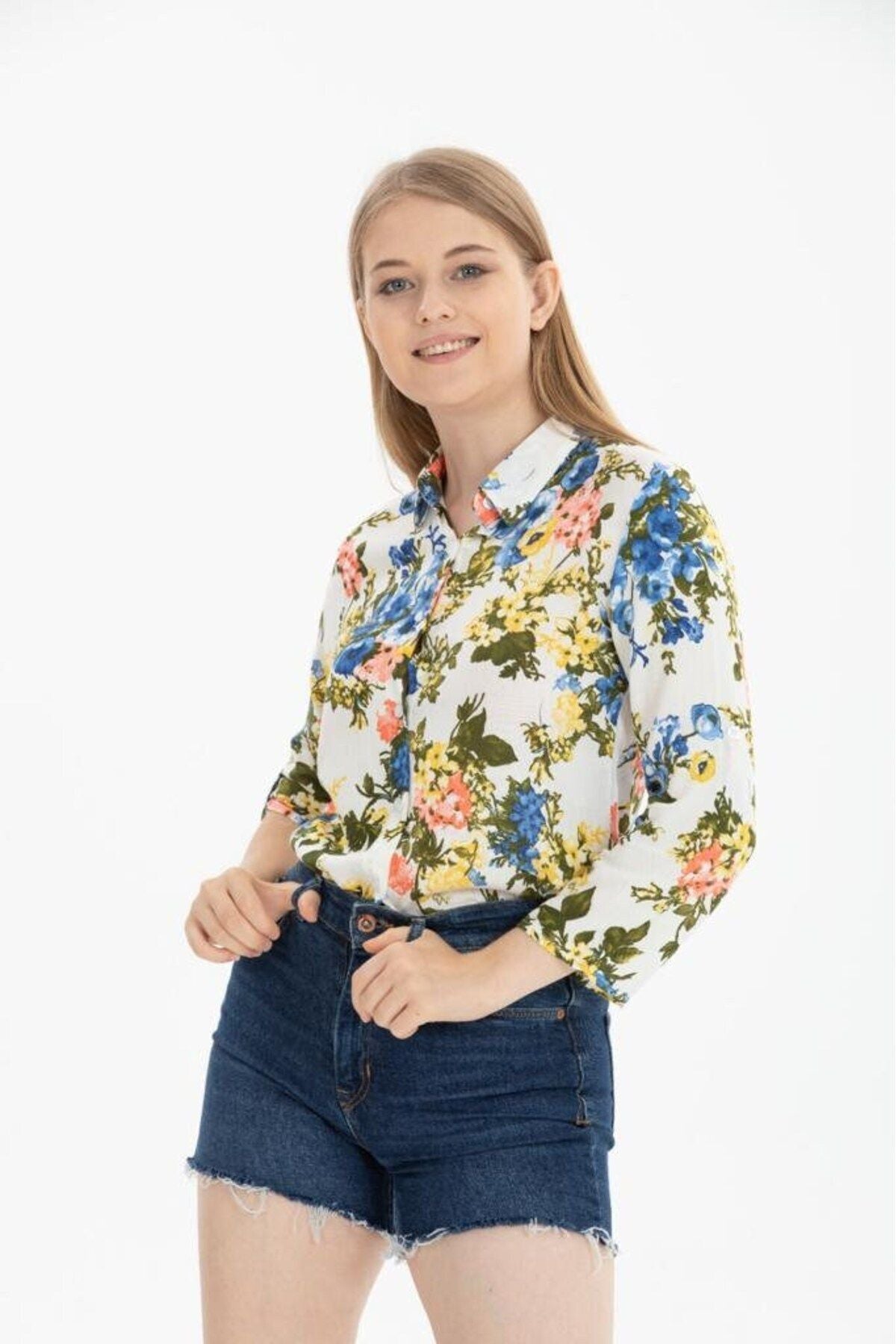 Amelia Women's Viscose Long Sleeve Button-Up Shirt - Ecru Bright Multicolor Floral