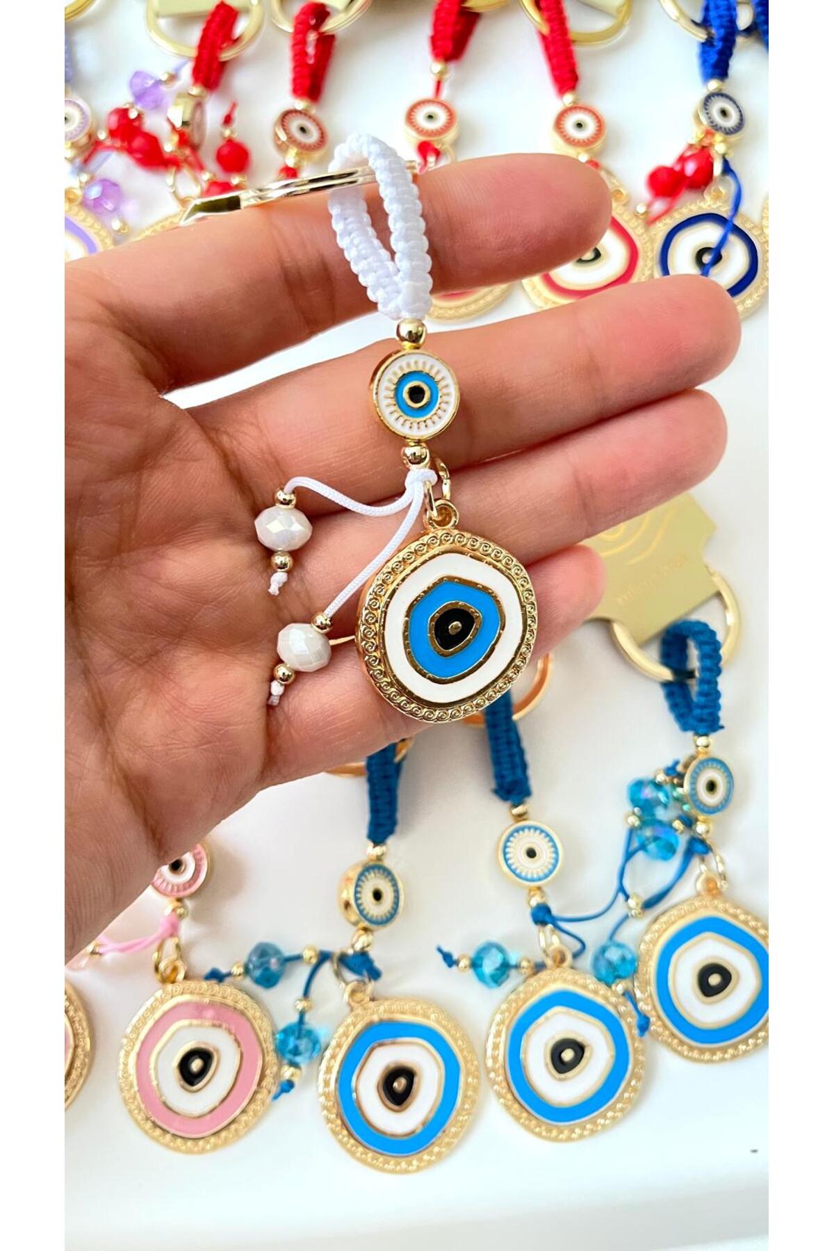 Brianna Gold-Plated Evil Eye Bead Keychain - White Evil Eye