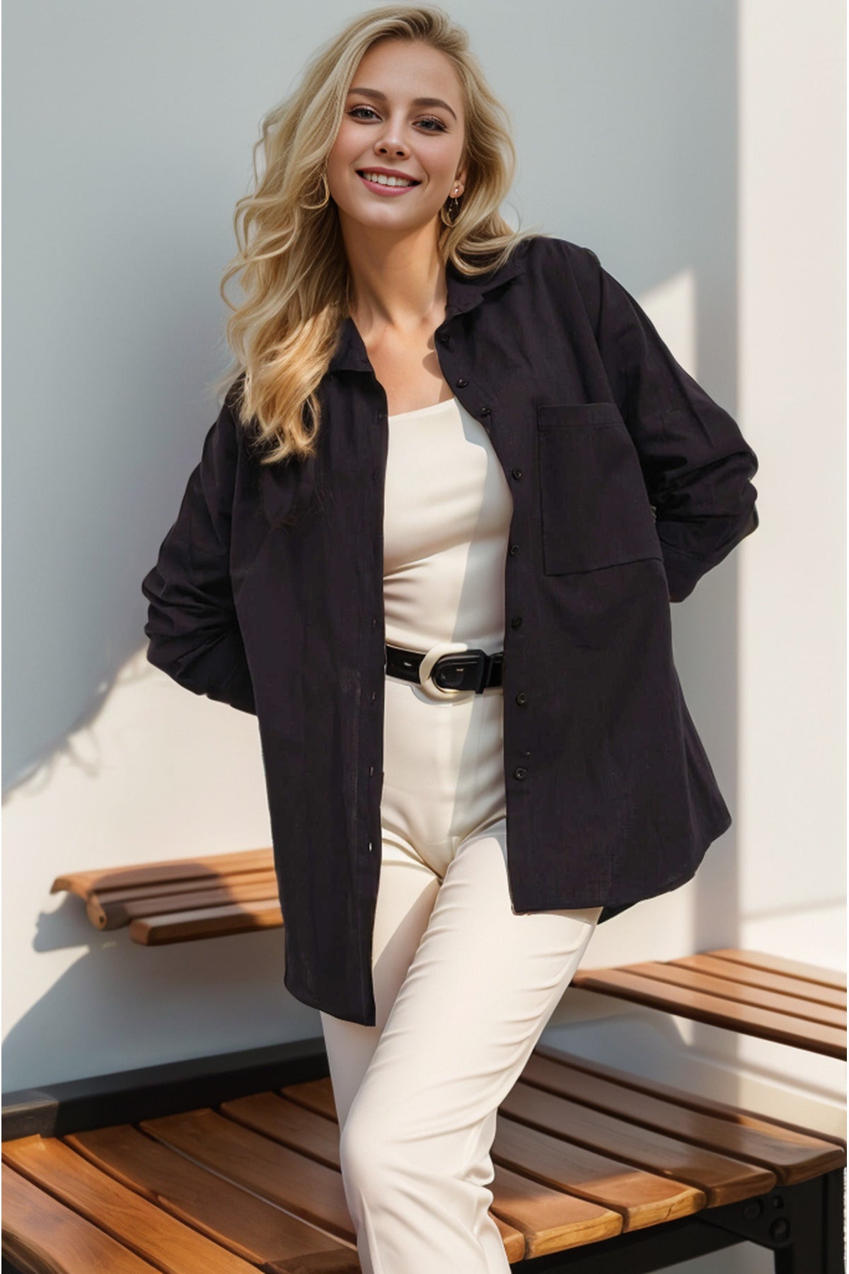 Clementine Women's Linen Blend Pocket Button-Up Shirt - Black