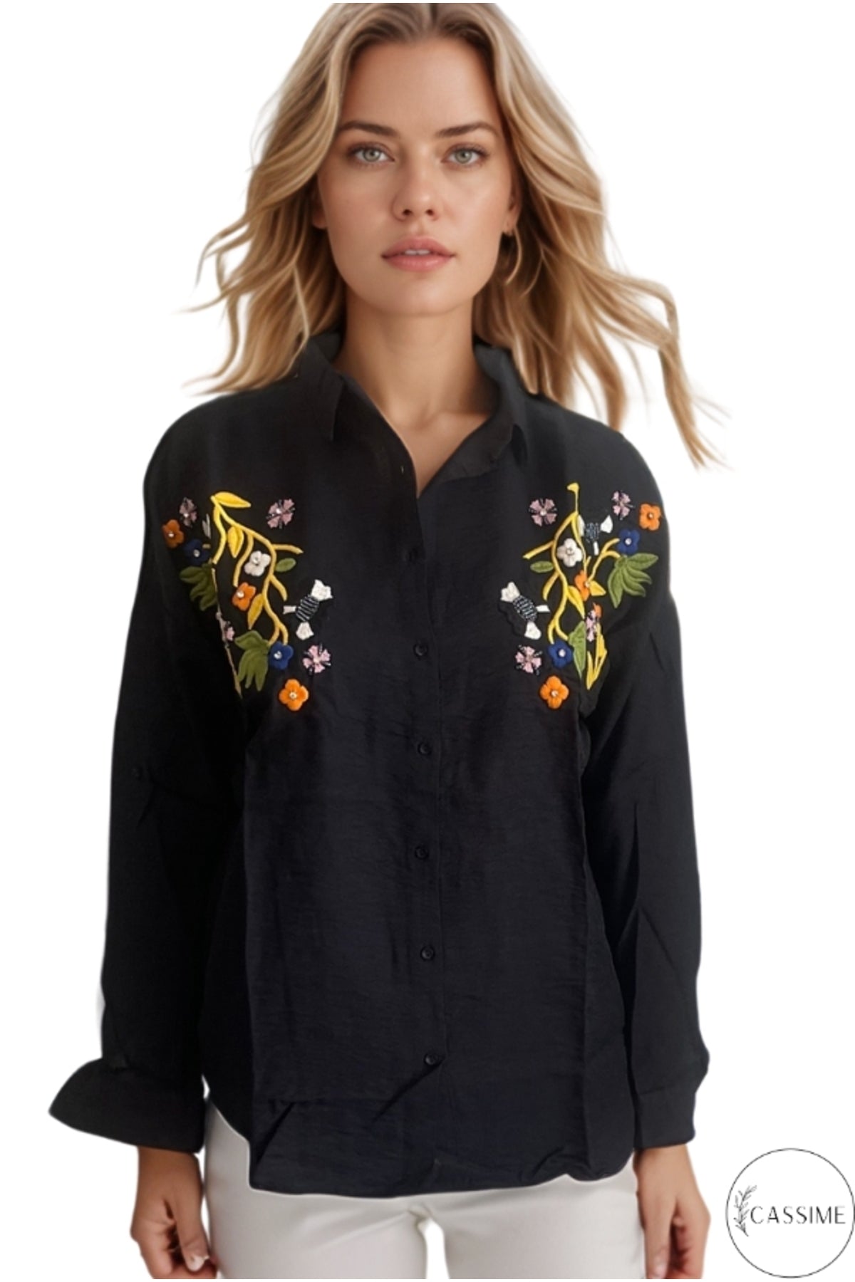 Claire Women's Floral Embellished Button-Up Shirt - Black Floral Embroidery