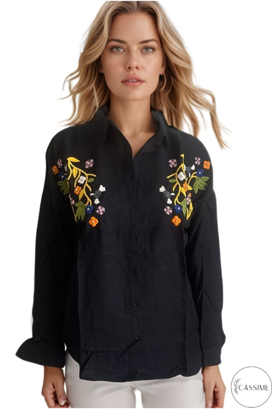 Claire Women's Floral Embellished Button-Up Shirt - Black Floral Embroidery