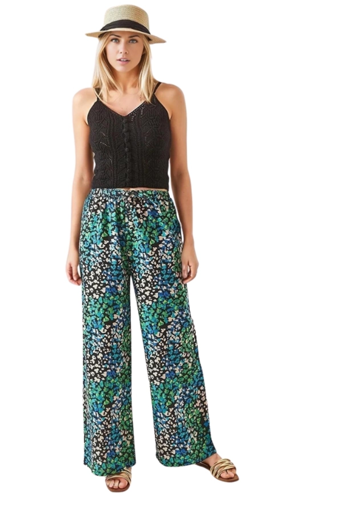 Lucy Women's Linen-Viscose Blend Wide Leg Palazzo Pants - Green Floral