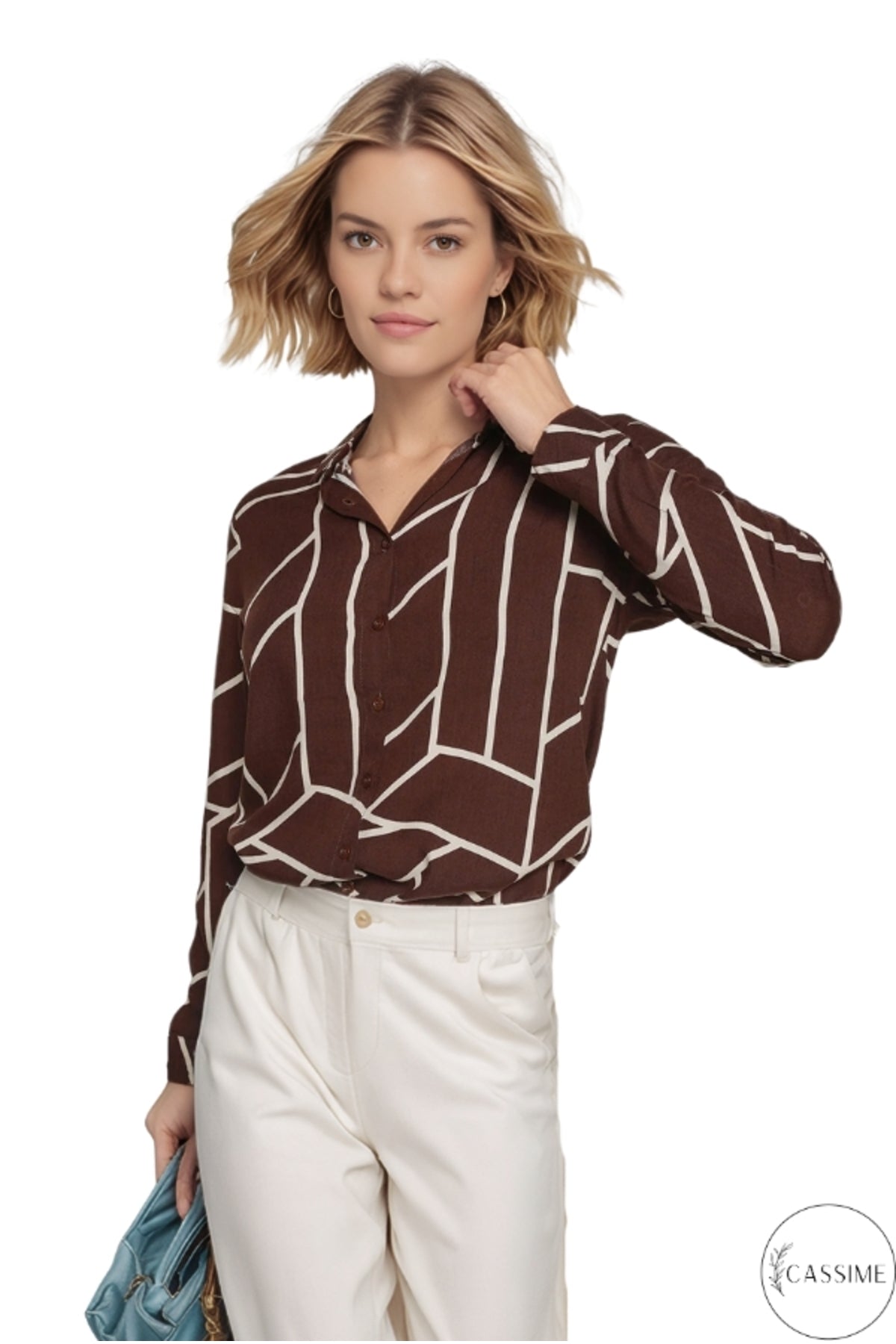 Amelia Women's Viscose Long Sleeve Button-Up Shirt - Brown Striped