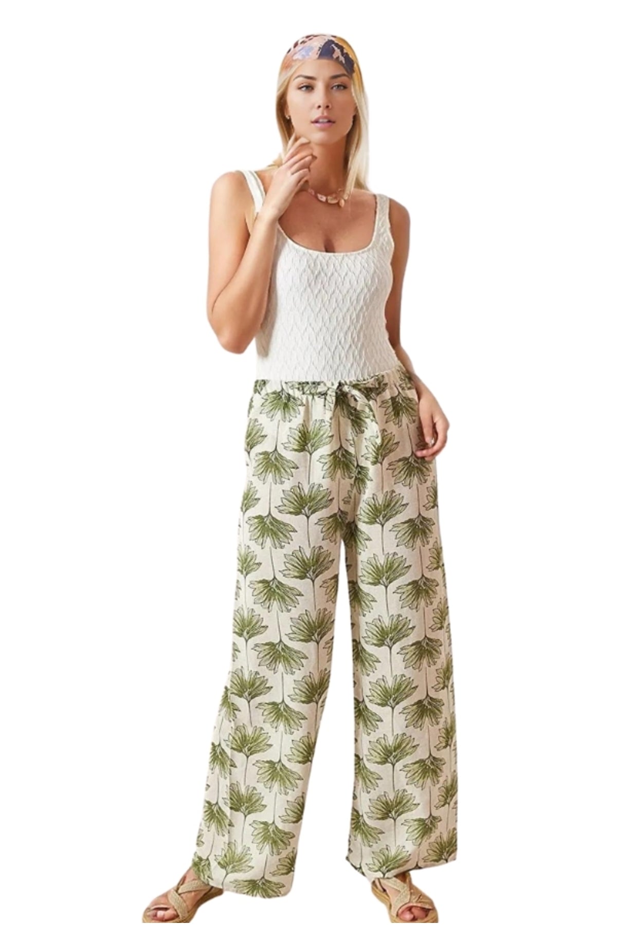 Lucy Women's Linen-Viscose Blend Wide Leg Palazzo Pants - Green Ginkgo