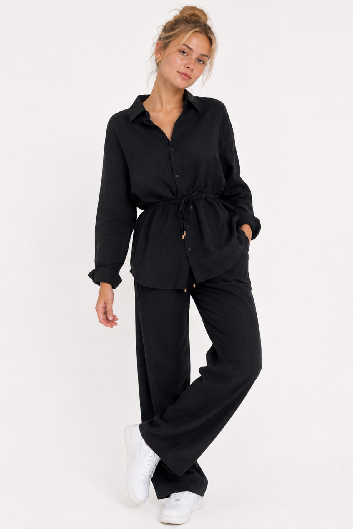 Grace Women's Oversized Muslin Shirt and Pants Set - Black