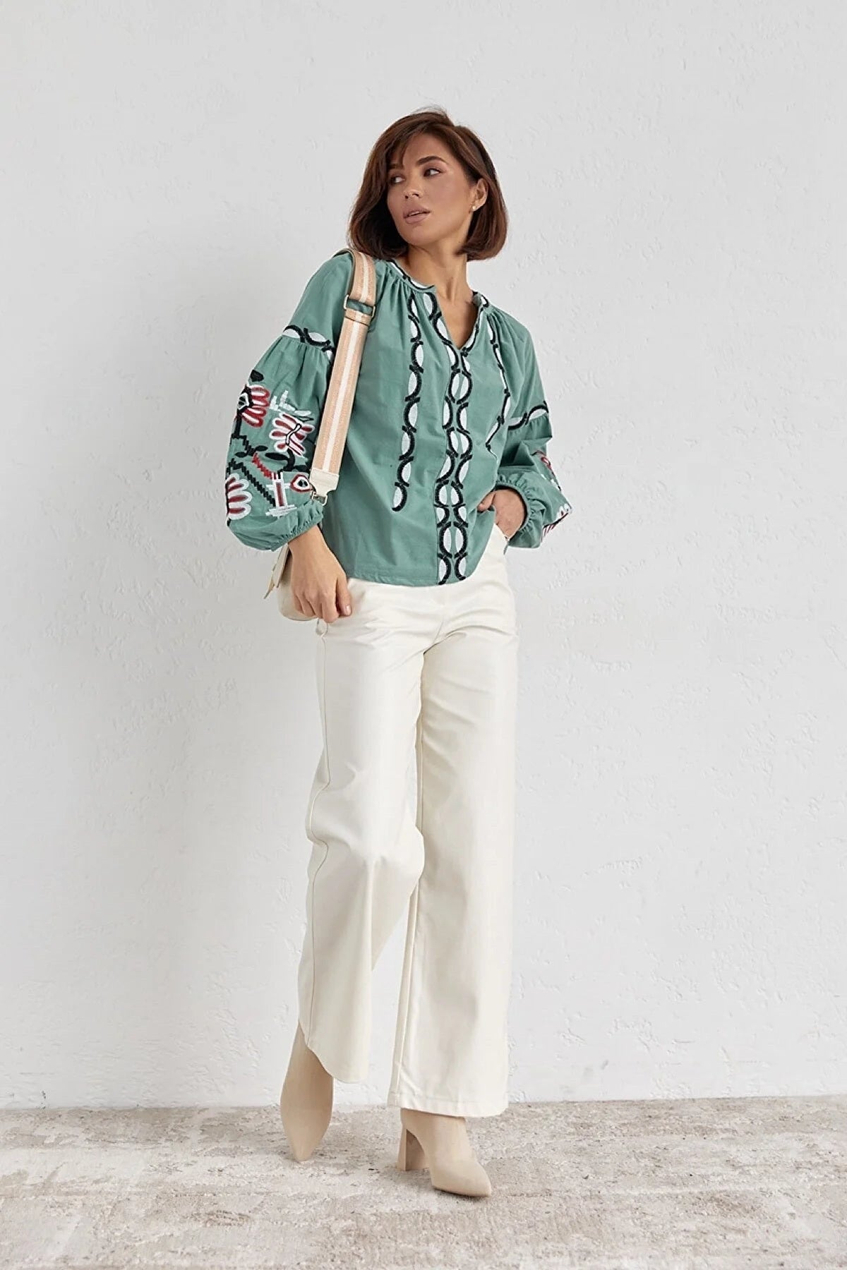 Rosa Women's Cotton Embroidered Long Sleeve Tie Blouse - White with Light Green Embroidery