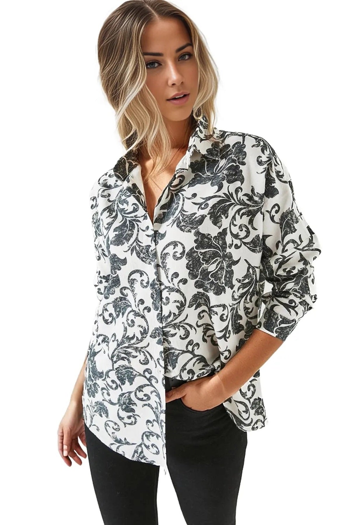 Emilia Women's Linen-Viscose Blend Oversized Printed Shirt - Black Paisley