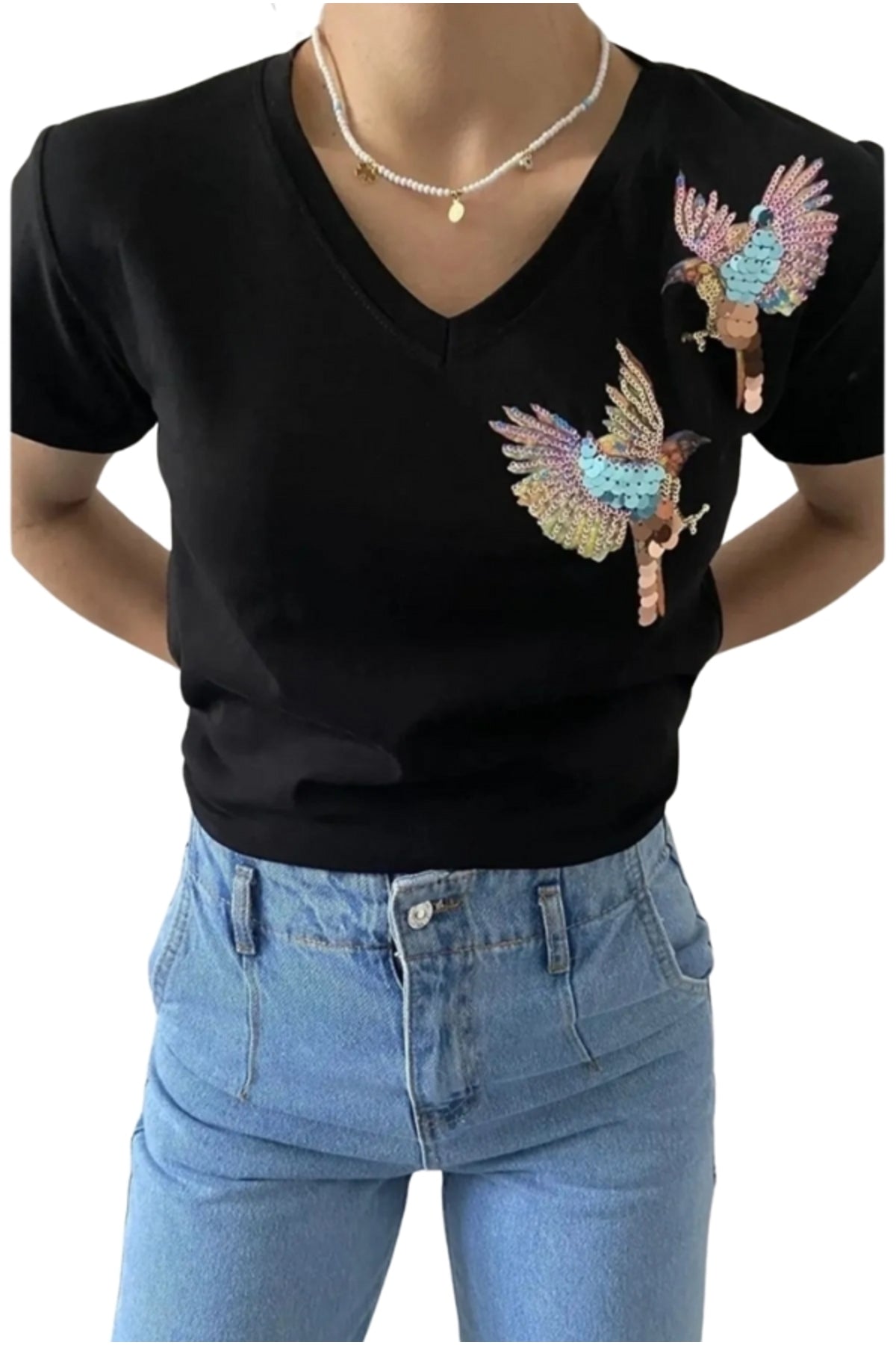 Olivia Women's Cotton Plus Size Embellished V-Neck T-Shirt - Black with Bird Sequins