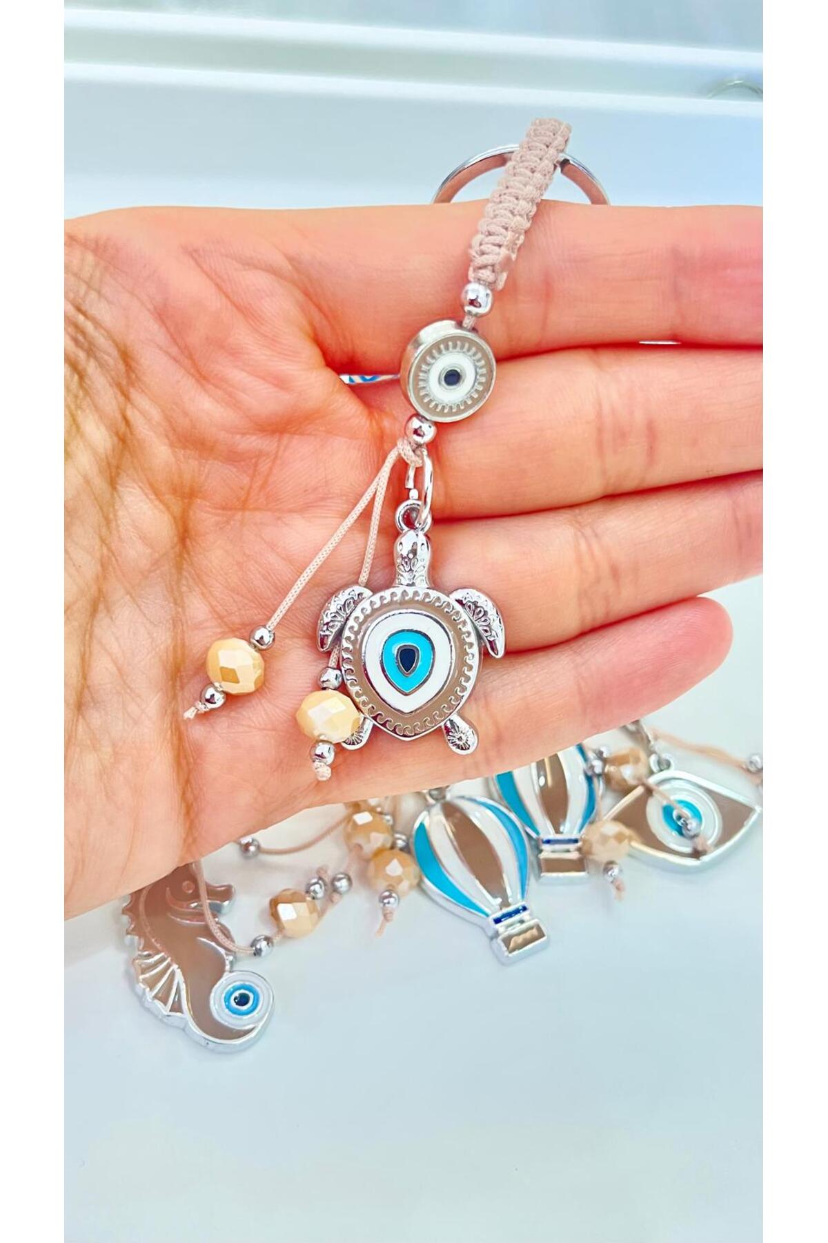 Abigail Silver-Plated Evil Eye Keychain - Beige Turtle